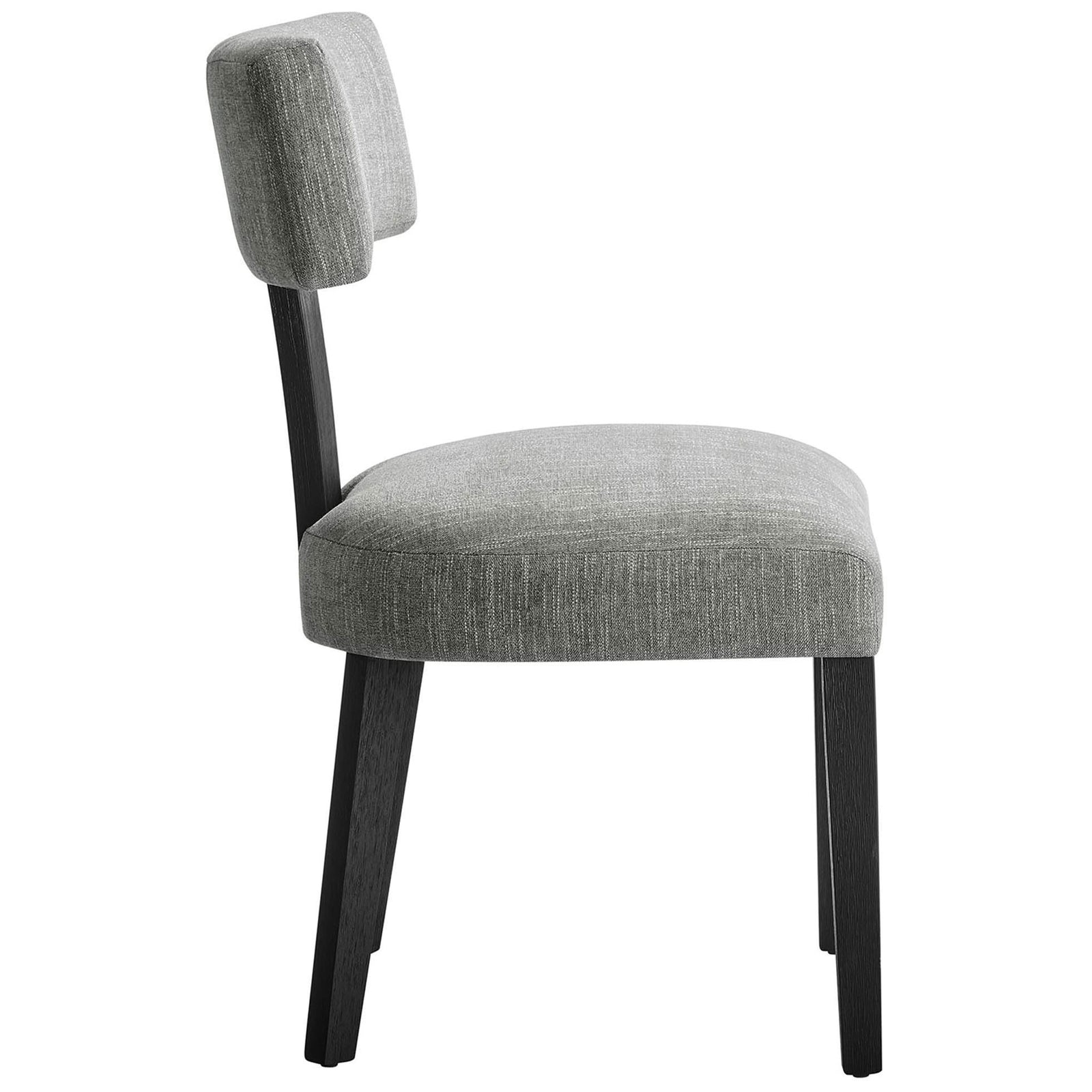 Low profile gray fabric dining chair showcasing the thick padded seat and sleek armless silhouette || EEI-6777-HEG-BLK || side_studio