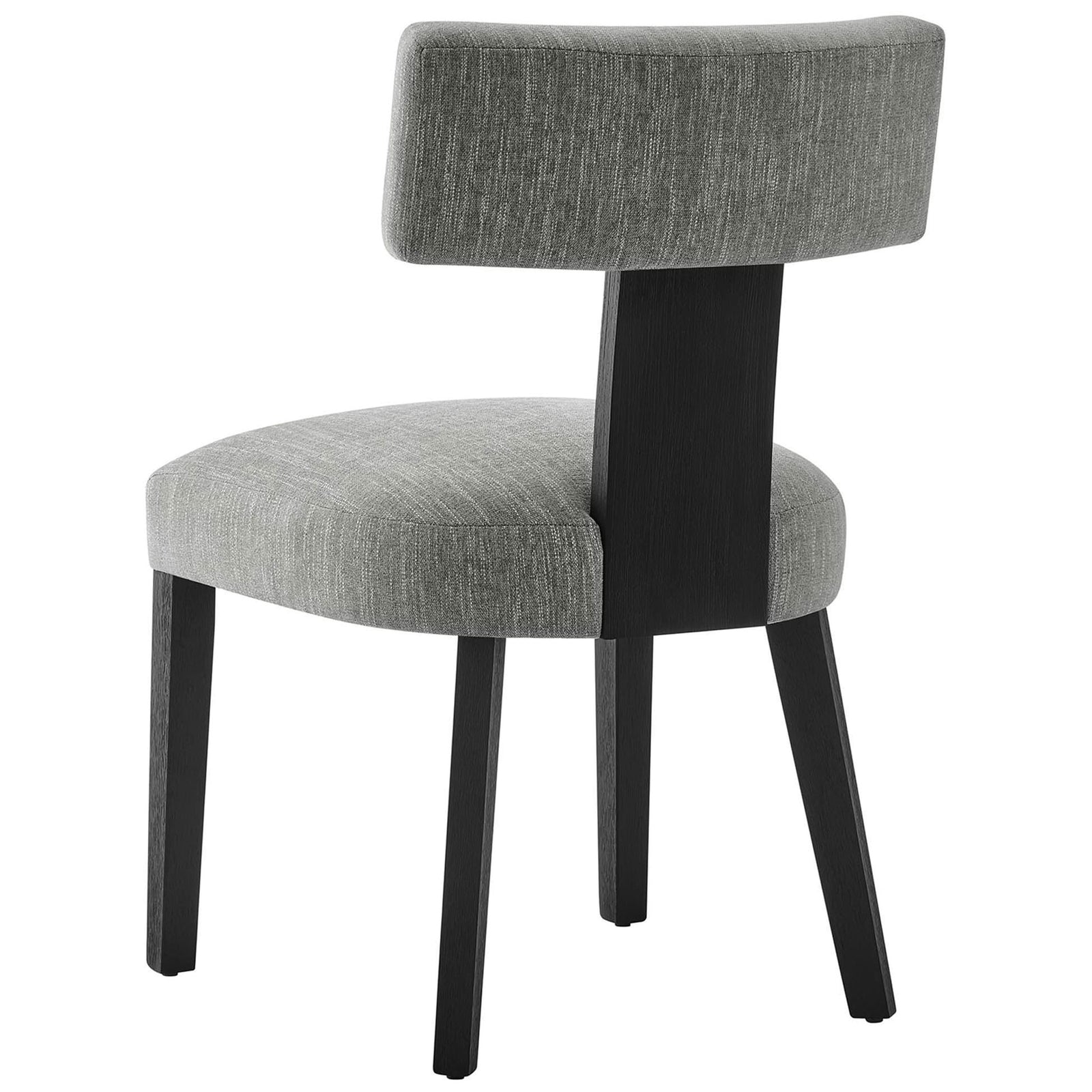Modern gray dining chair with open back design and bold black wood support panel || EEI-6777-HEG-BLK || back_angle_studio