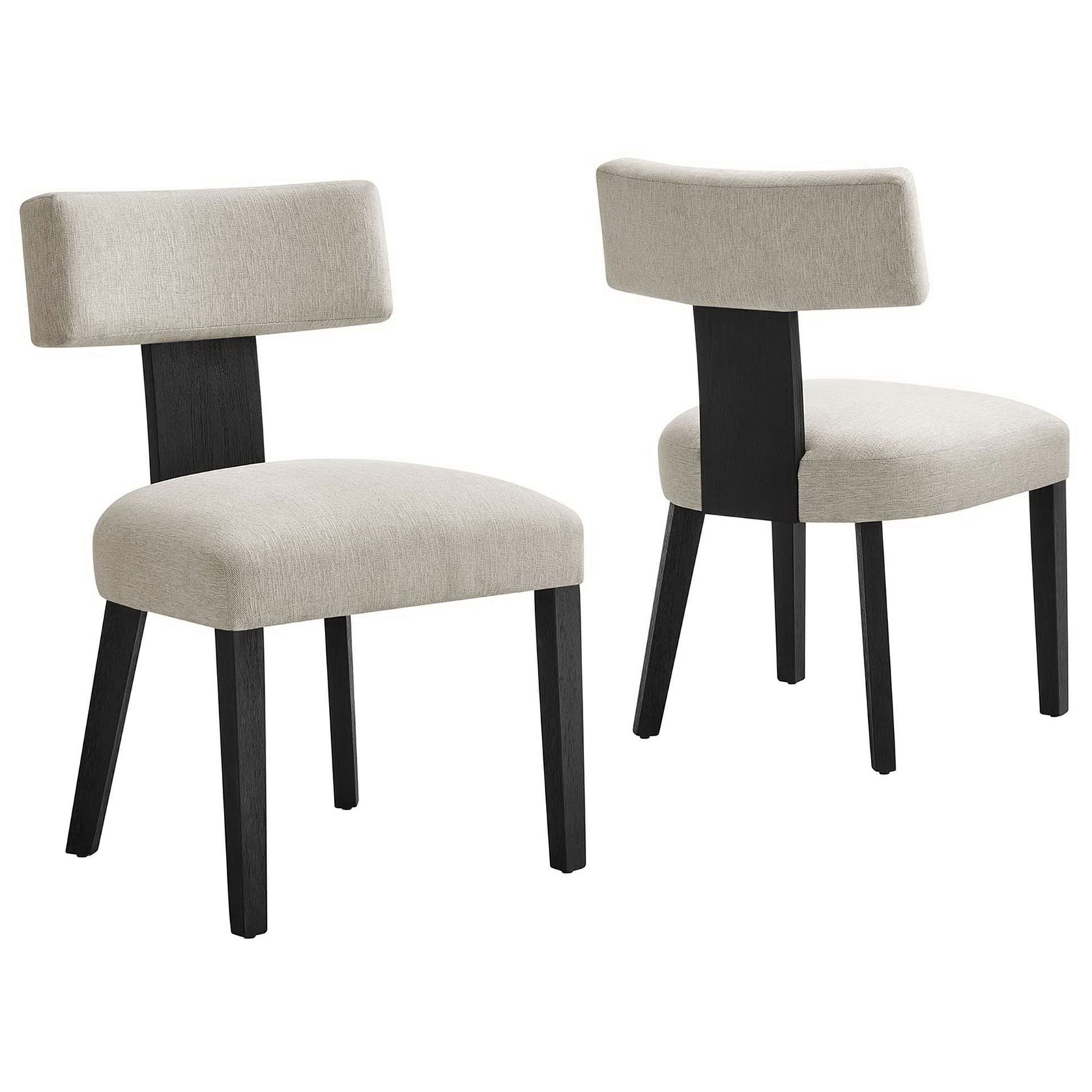 Pair of ivory fabric dining chairs with black wood legs and open curved backrest design || EEI-6777-HEI-BLK || front_angle_multi_studio