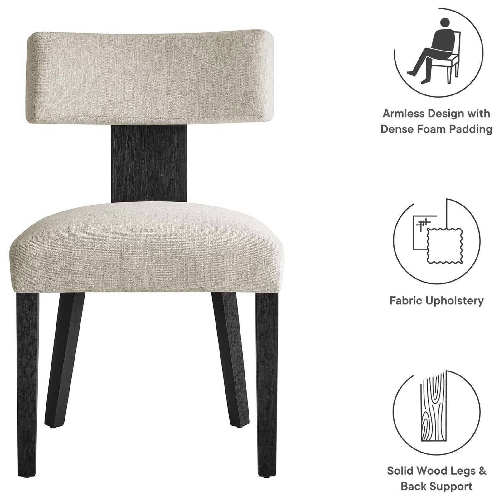 Feature overview showing armless ivory dining chair with fabric upholstery and solid wood frame || EEI-6777-HEI-BLK || callout_studio