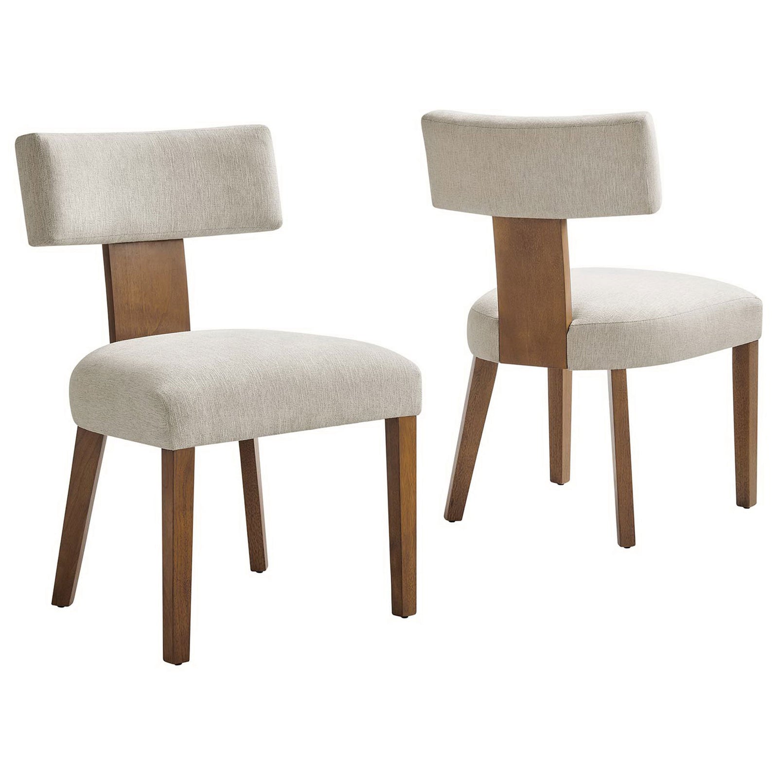 Pair of ivory upholstered dining chairs with deep brown wood frames and legs. || EEI-6777-HEI-DBR || front_angle_multi_studio