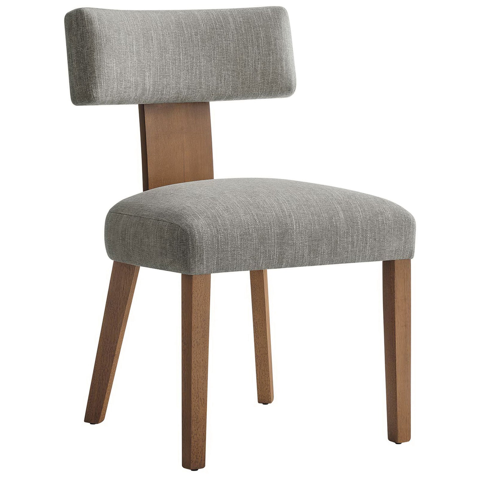 Contemporary armless dining chair with dense foam cushioning and soft heathered fabric upholstery. || EEI-6777-HEW-DBR || front_angle_partial_studio