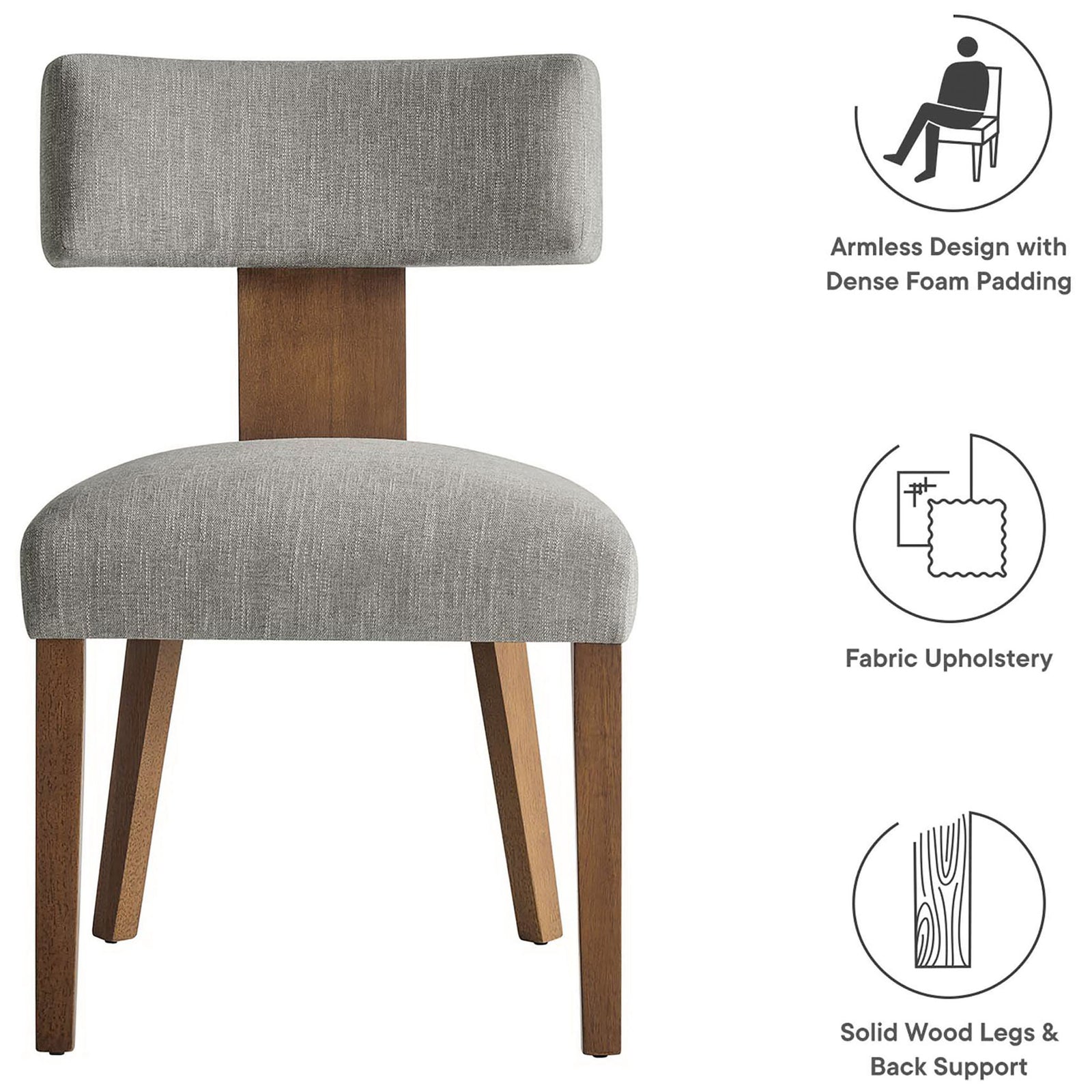 Dining chair with icons highlighting armless comfort, fabric upholstery, and solid wood support. || EEI-6777-HEW-DBR || callout_studio