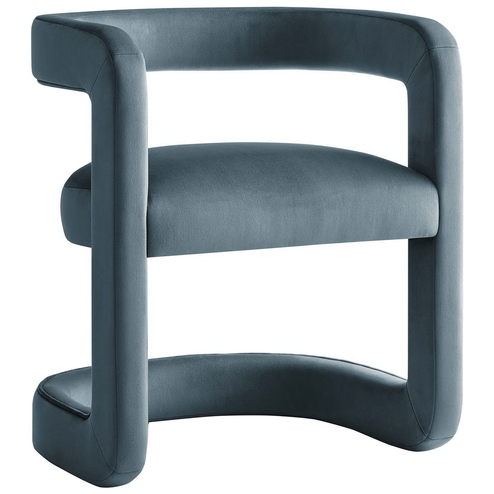 Sculptural open-back accent chair in cadet blue velvet with smooth curves and modern silhouette || EEI-6778-CAB || front_angle_studio