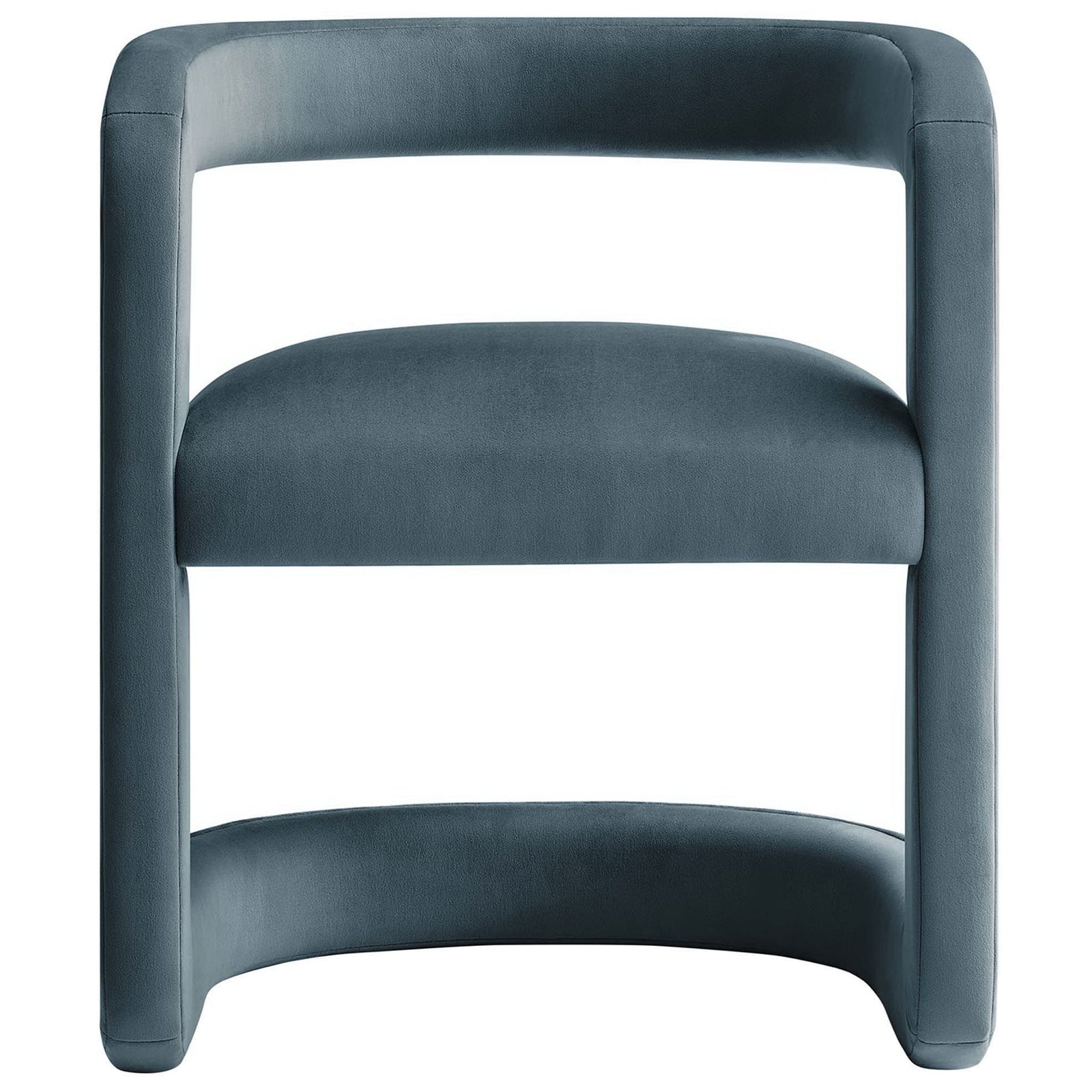 Cadet blue performance velvet barrel chair with open back and plush foam seat on rounded base || EEI-6778-CAB || front_studio
