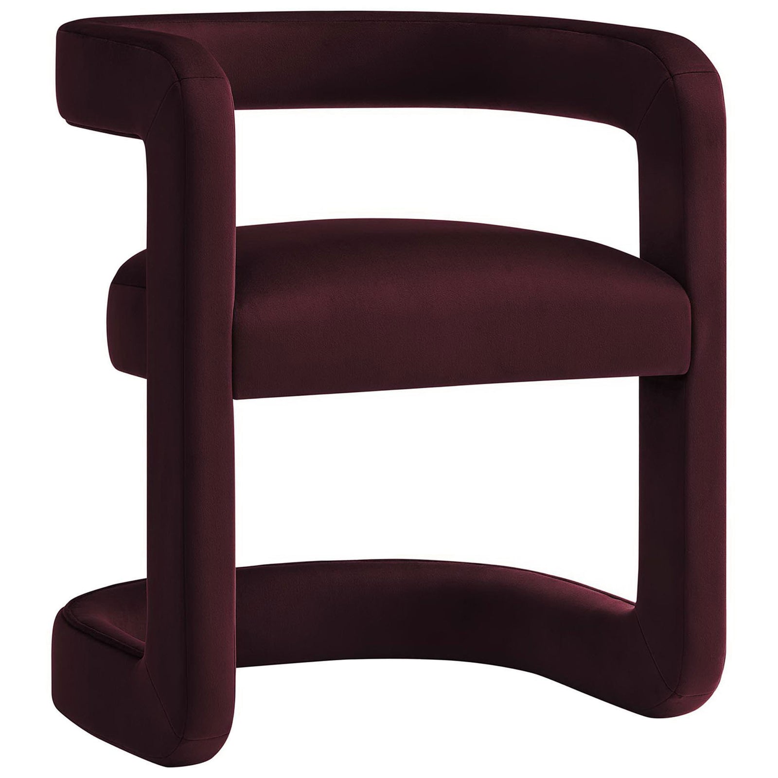 Sculptural open-back barrel chair in mulberry performance velvet with plush seat and rounded frame || EEI-6778-MUL || front_angle_studio