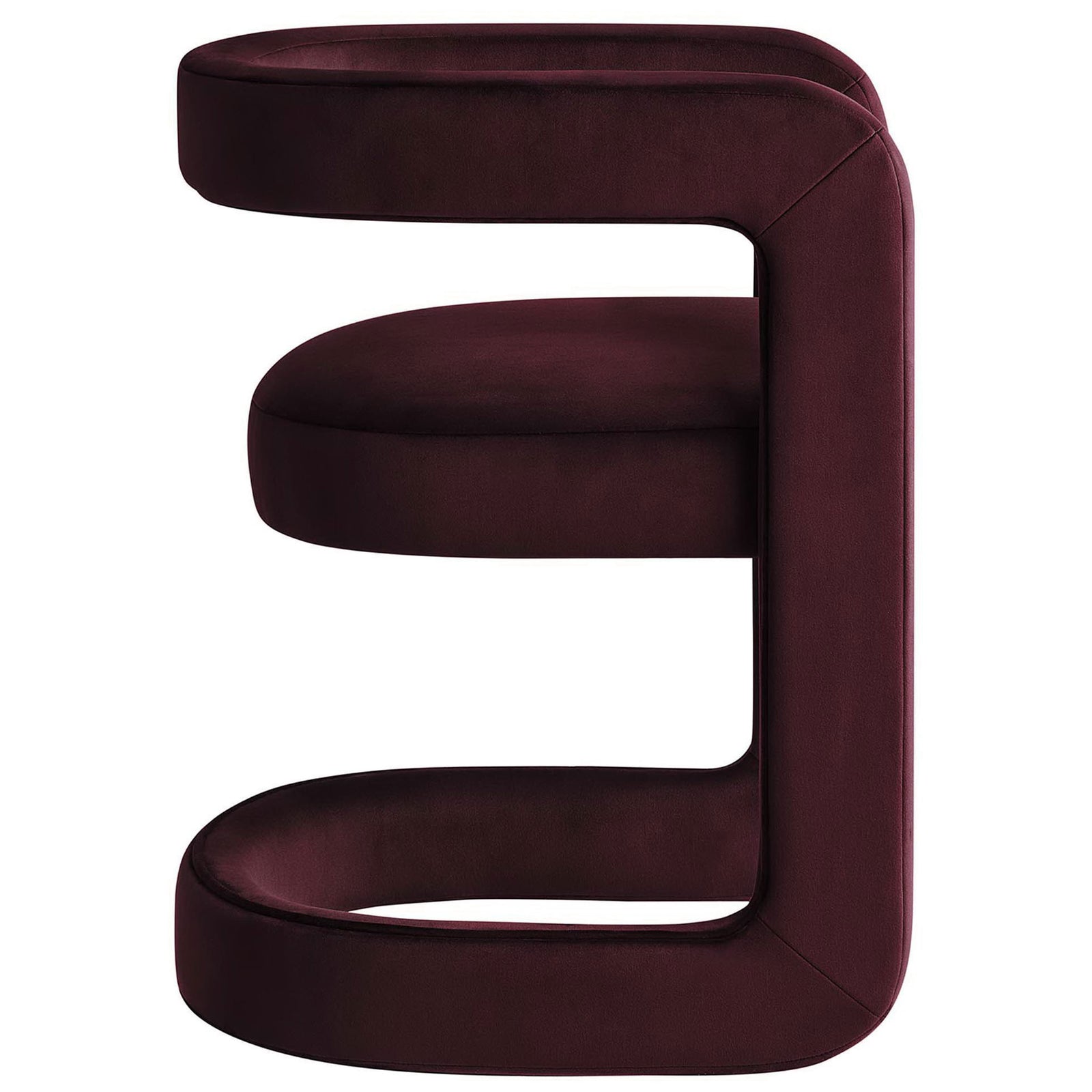 Sleek side profile showcases the continuous loop base and cushioned seat in rich mulberry velvet || EEI-6778-MUL || side_studio