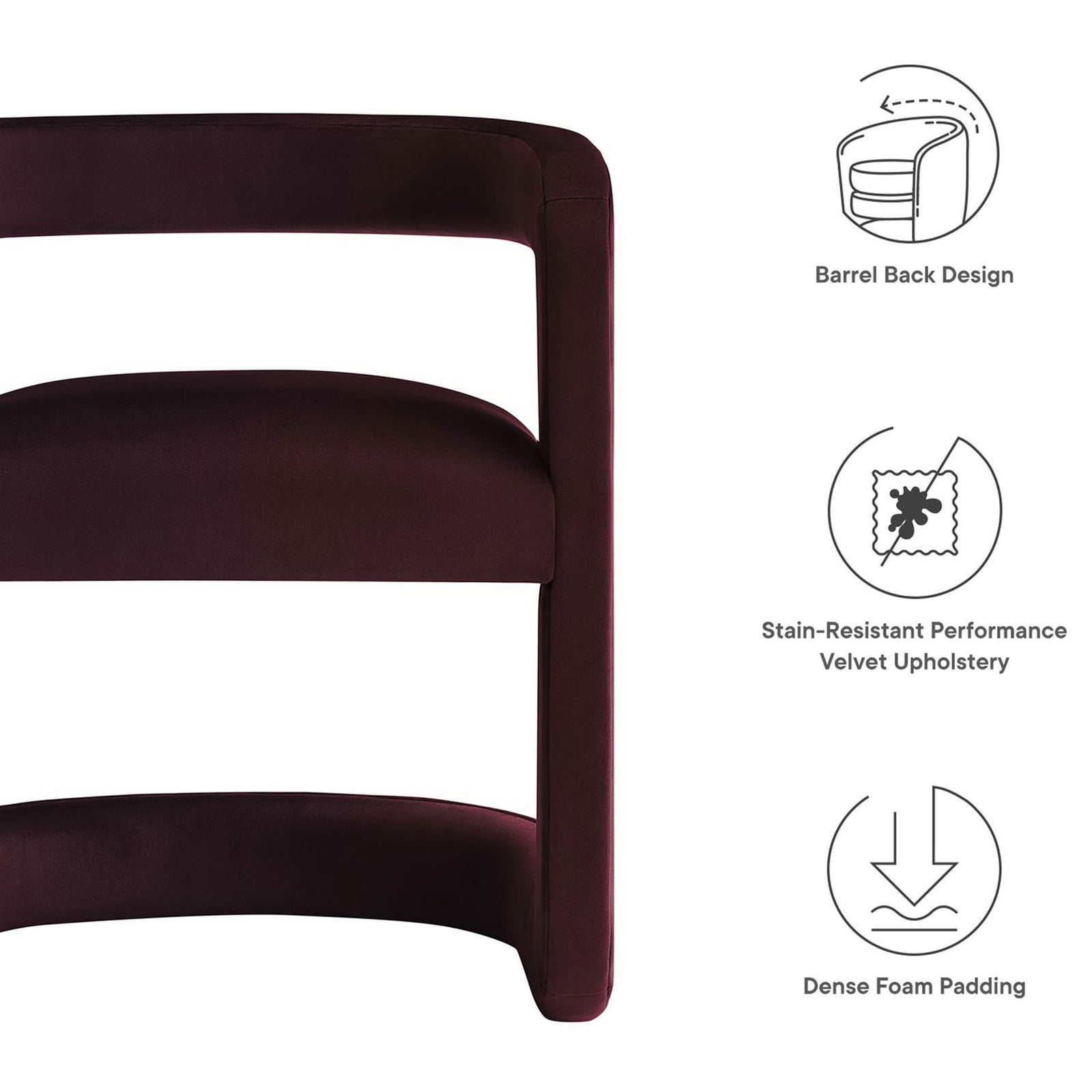 Barrel back design, stain-resistant velvet, and dense foam padding for everyday comfort || EEI-6778-MUL || callout_studio