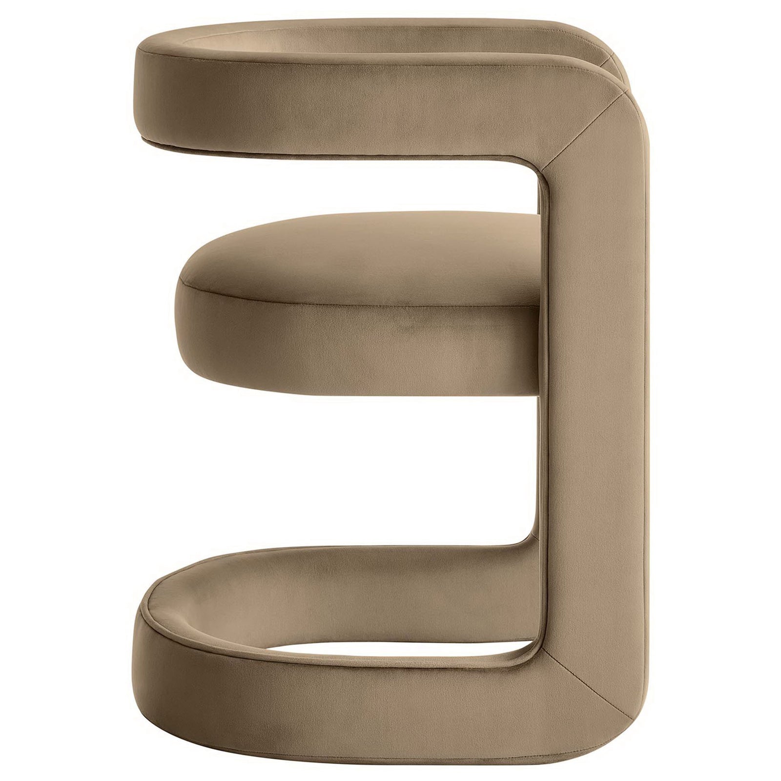 Streamlined profile highlights the sculpted frame and plush seat wrapped in smooth taupe performance velvet. || EEI-6778-TAU || side_studio