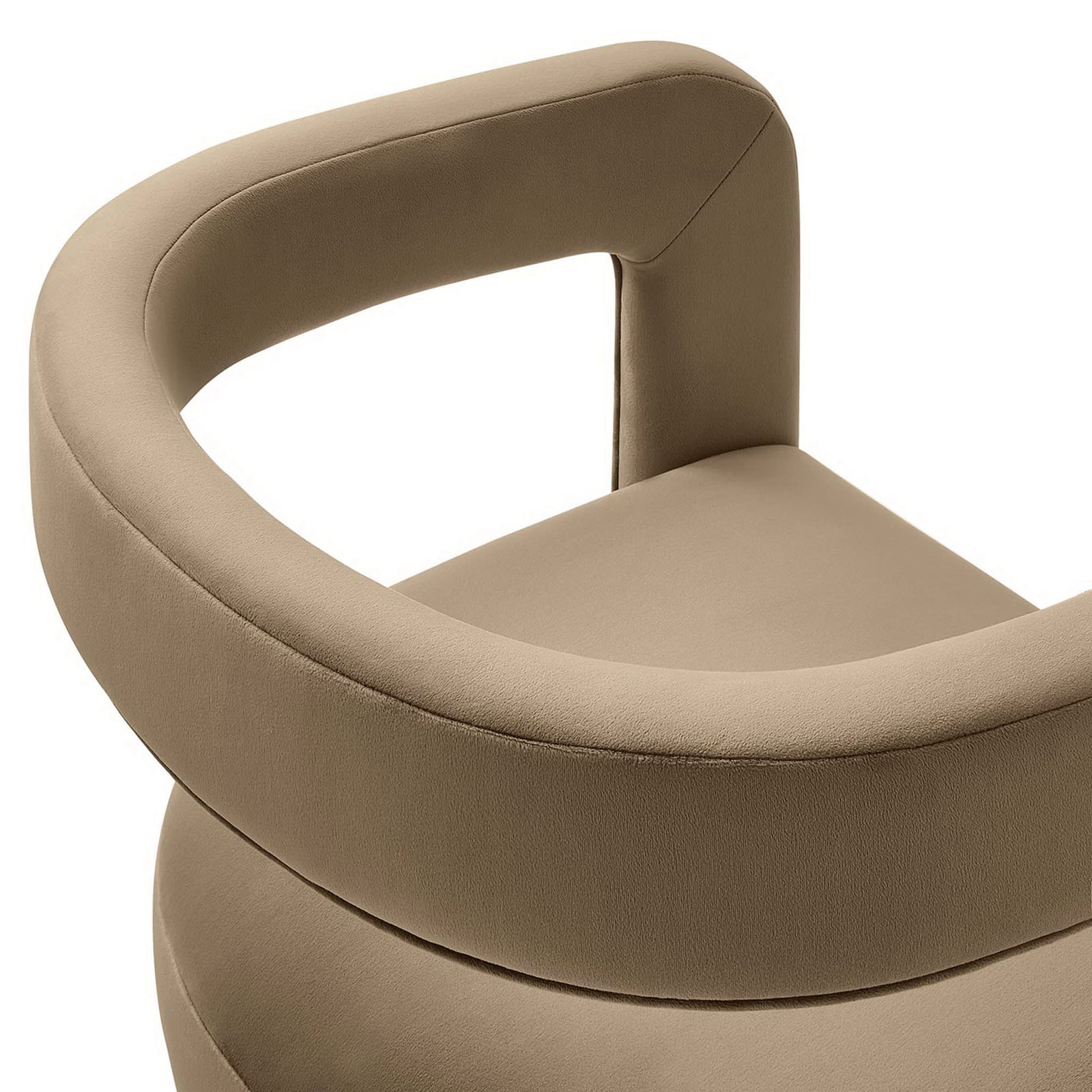 Rounded backrest with smooth performance velvet upholstery and refined stitching. || EEI-6778-TAU || detail_studio