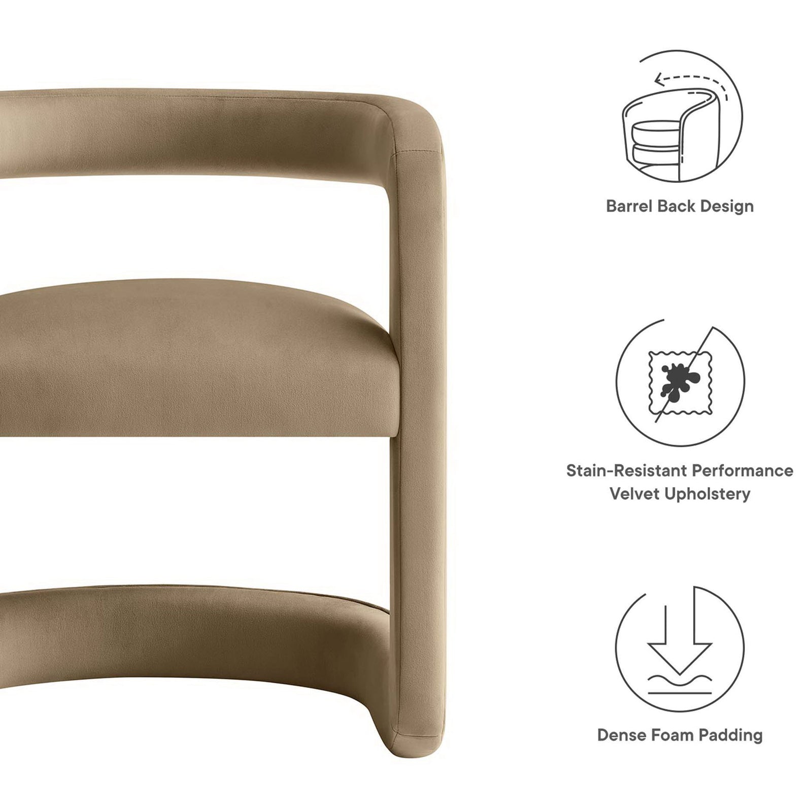 Barrel-back design with dense foam padding and stain-resistant performance velvet for everyday elegance. || EEI-6778-TAU || callout_studio