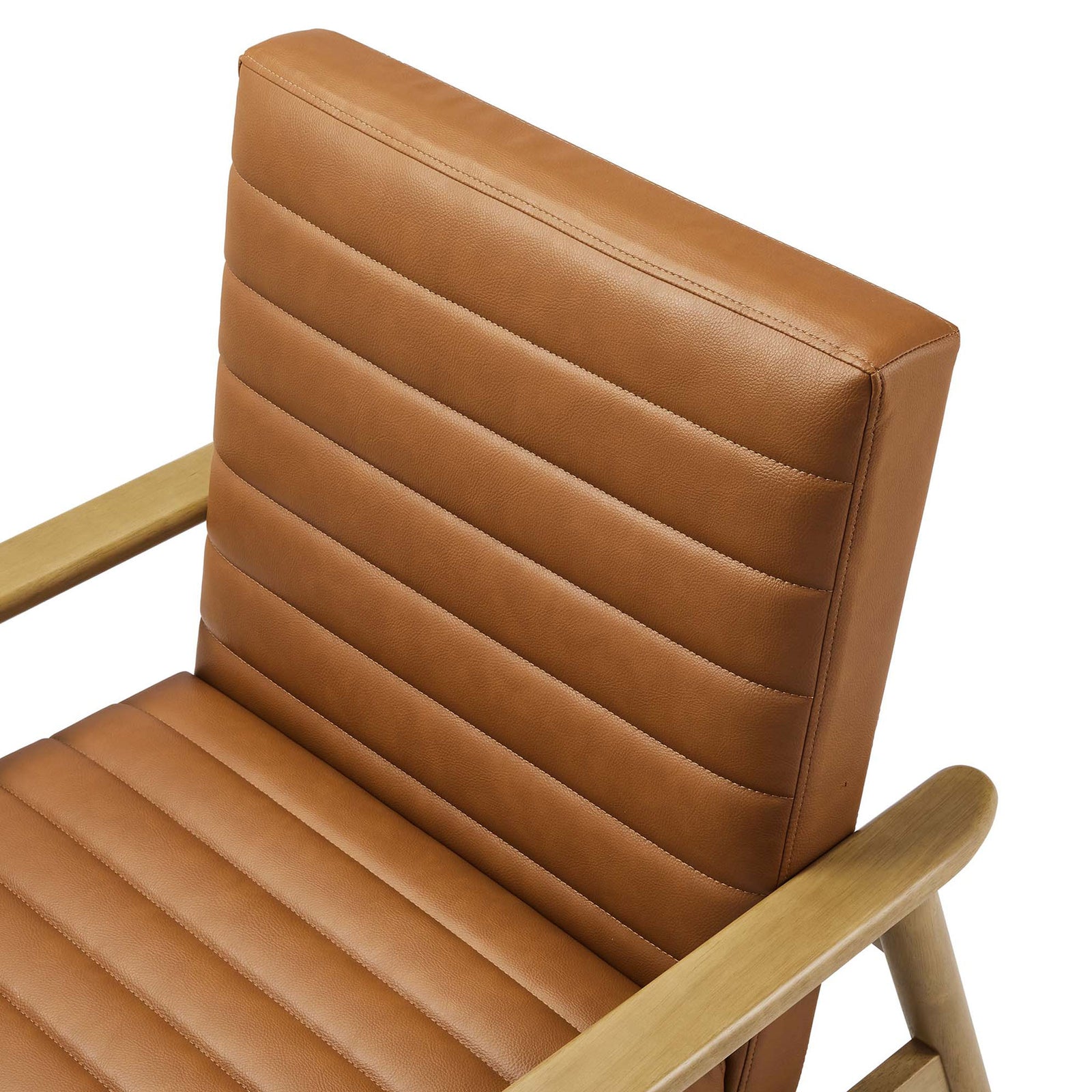 Soft, pebbled vegan leather with horizontal channel tufting and neat stitching adds tactile, tailored texture. || EEI-6779-FRO-TAN || detail_studio