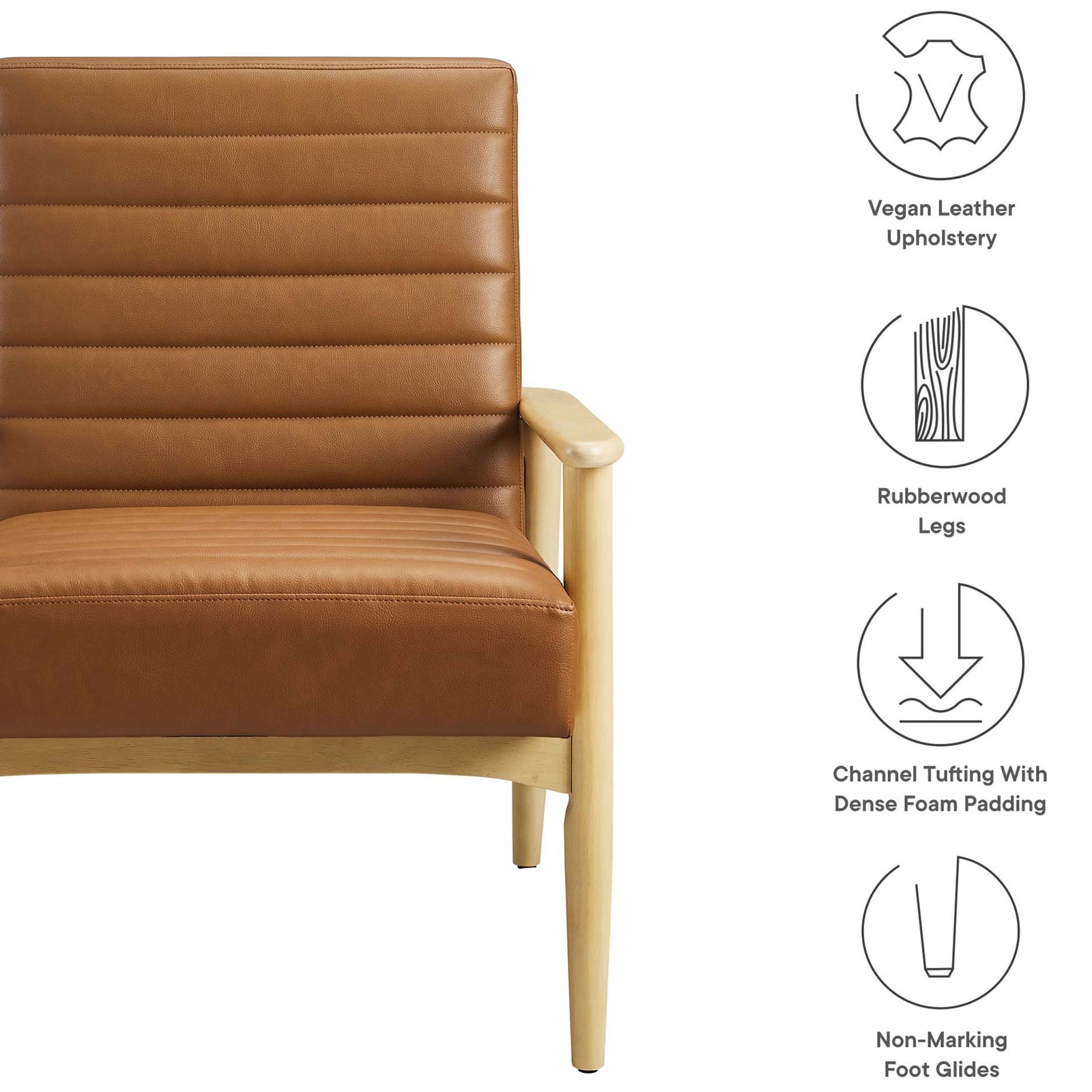 Key features include vegan leather, rubberwood legs, channel tufting, and floor-safe glides || EEI-6779-NAT-TAN || callout_studio