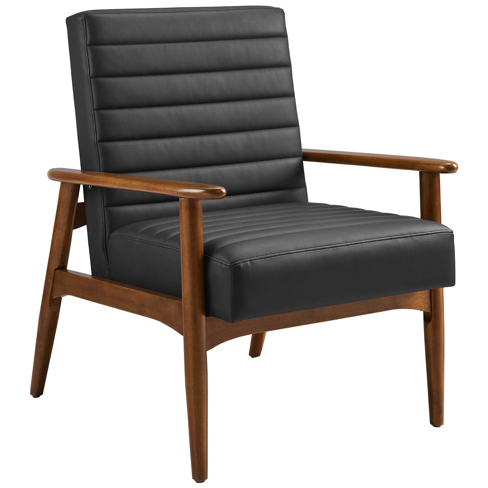 Mid-century accent chair pairs rich walnut arms and legs with plush, channel-tufted vegan leather cushions. || EEI-6779-WAL-BLK || front_angle_studio