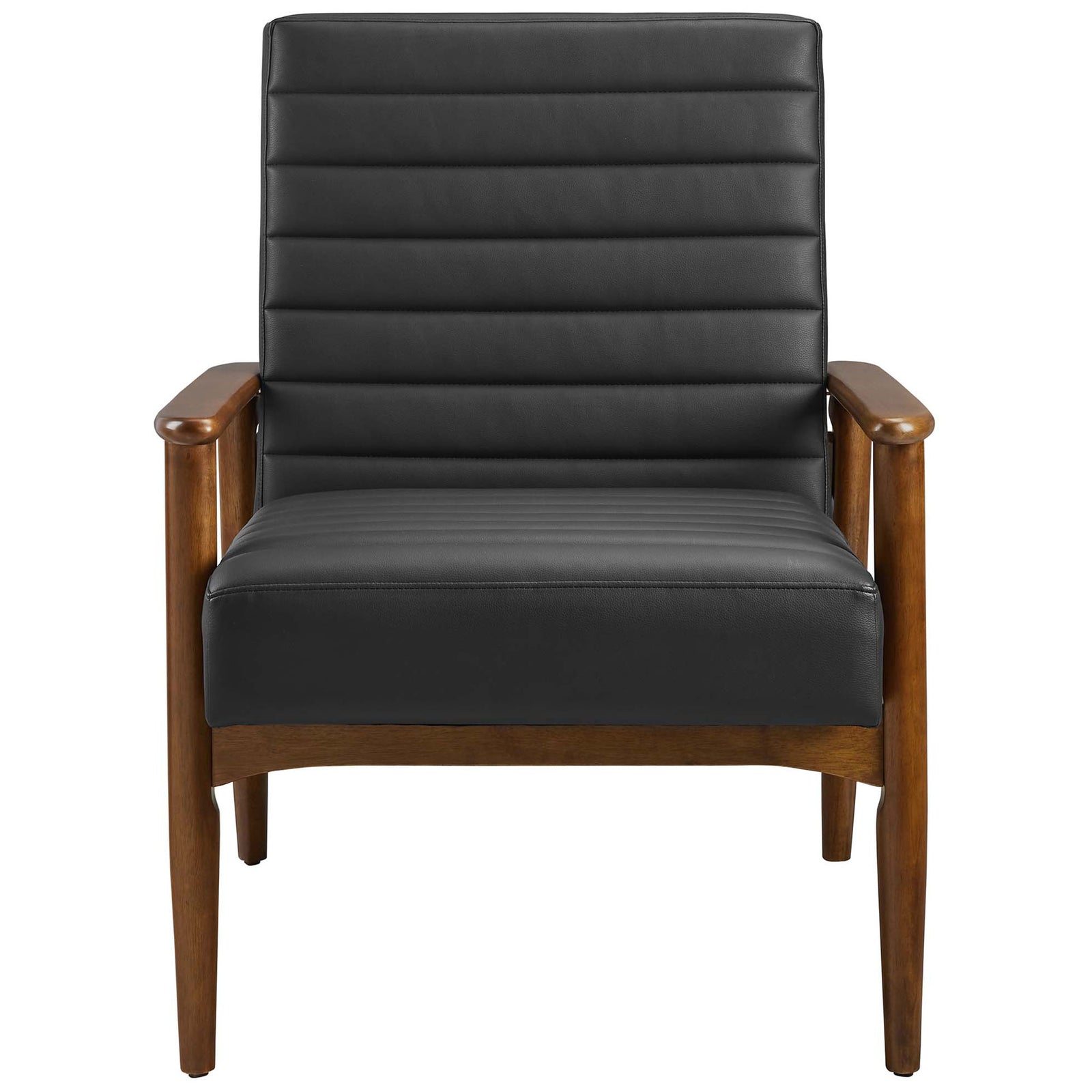 Sleek black vegan leather seat with horizontal channel tufting on a warm walnut wood frame. || EEI-6779-WAL-BLK || front_studio