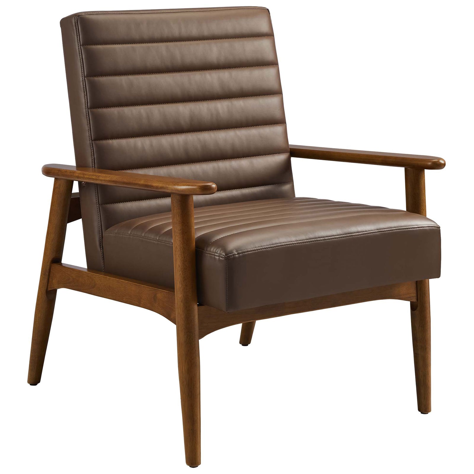 Mid-century accent chair in walnut brown vegan leather with open wood arms and plush foam comfort. || EEI-6779-WAL-BRN || front_angle_studio