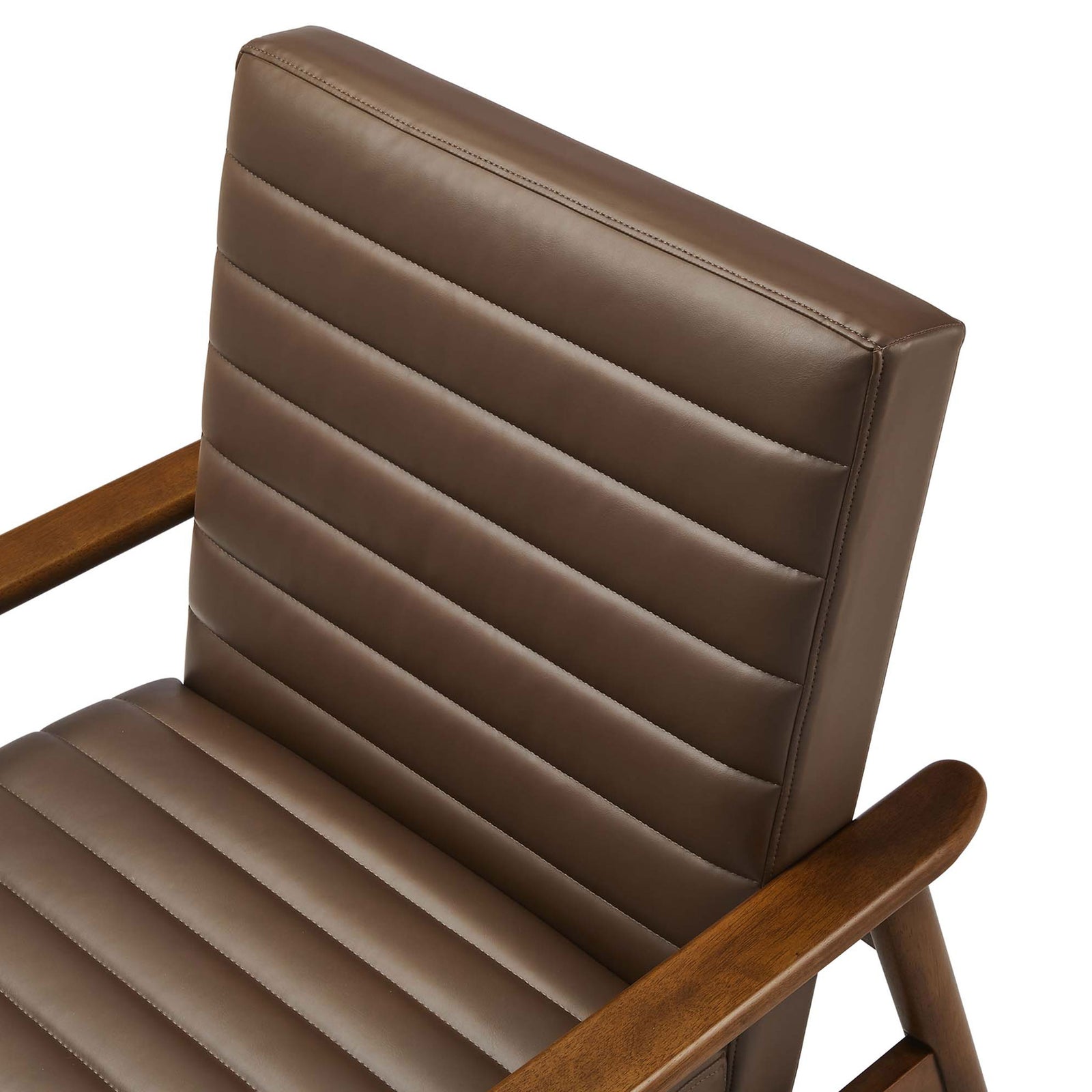 Tailored horizontal channels and smooth vegan leather deliver a refined, durable seat and back. || EEI-6779-WAL-BRN || detail_studio