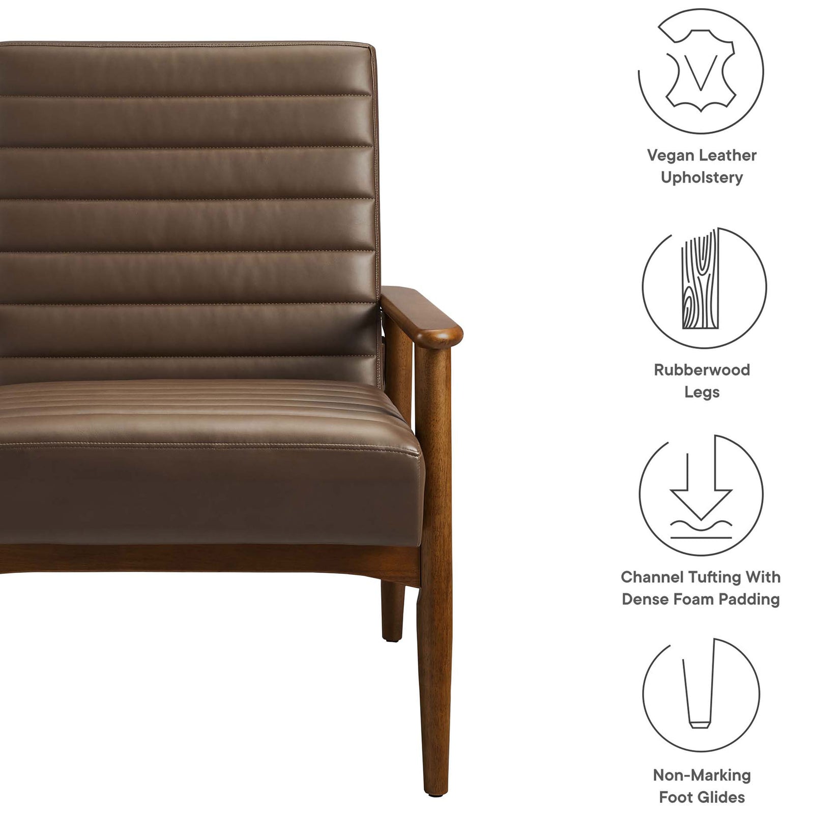 Key features: vegan leather upholstery, rubberwood legs, dense foam, and non-marking foot glides. || EEI-6779-WAL-BRN || callout_studio