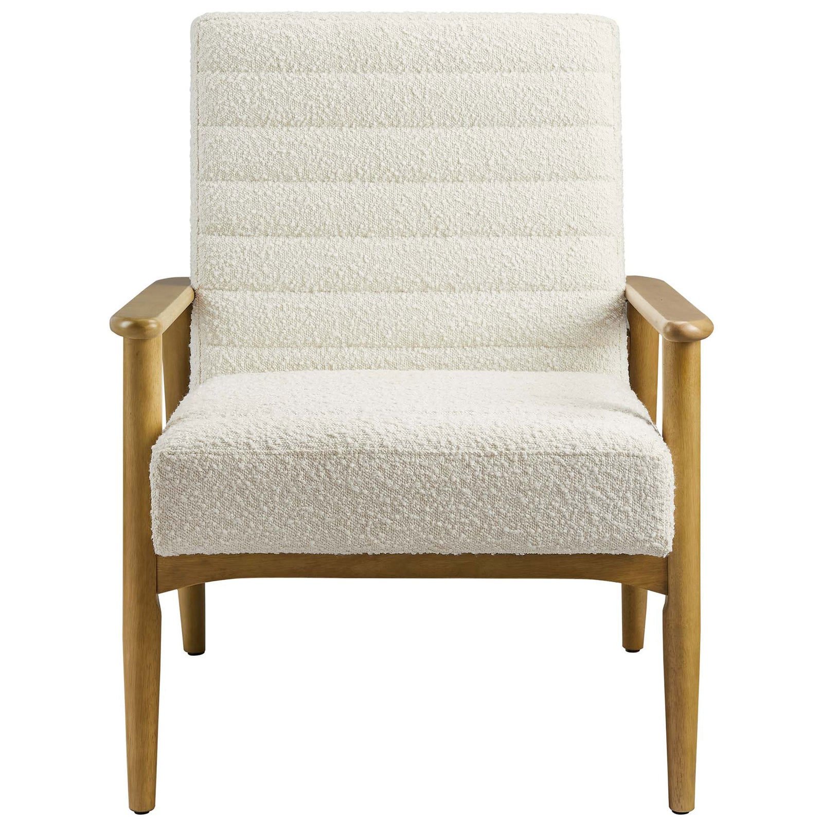 Ivory boucle accent chair with horizontal channel tufting and a warm rubberwood frame || EEI-6780-FRO-IVO || front_studio