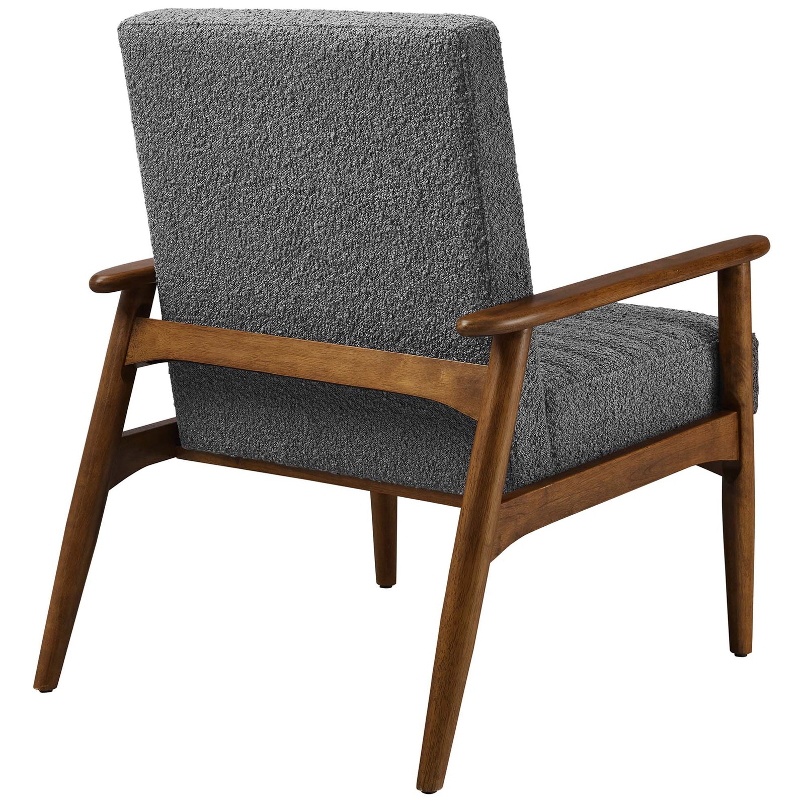 Curved walnut frame and textured boucle back add refined depth from every angle. || EEI-6780-WAL-CHA || back_angle_studio