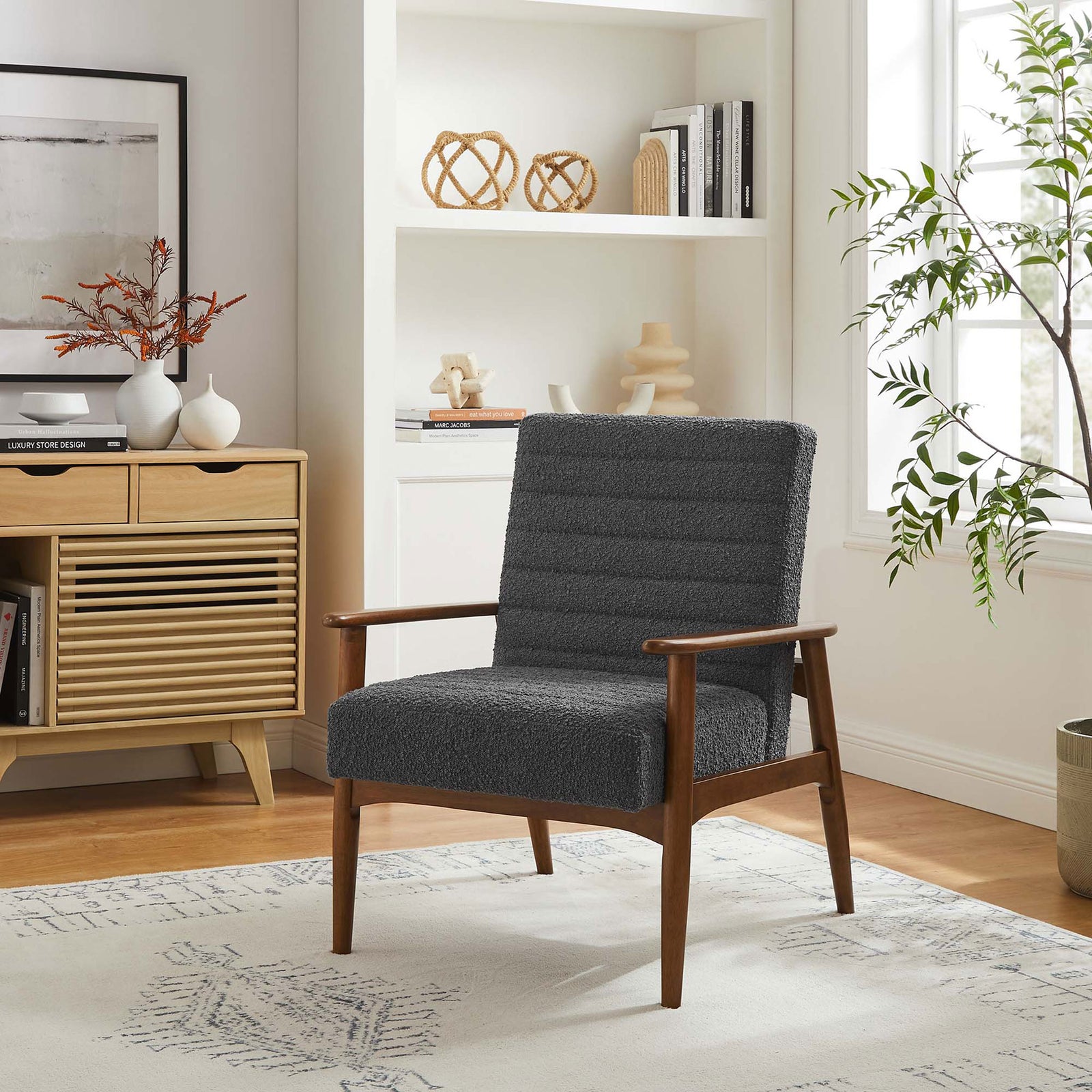 A refined mid-century silhouette elevates any space with boucle comfort and walnut warmth. || EEI-6780-WAL-CHA || front_angle_room
