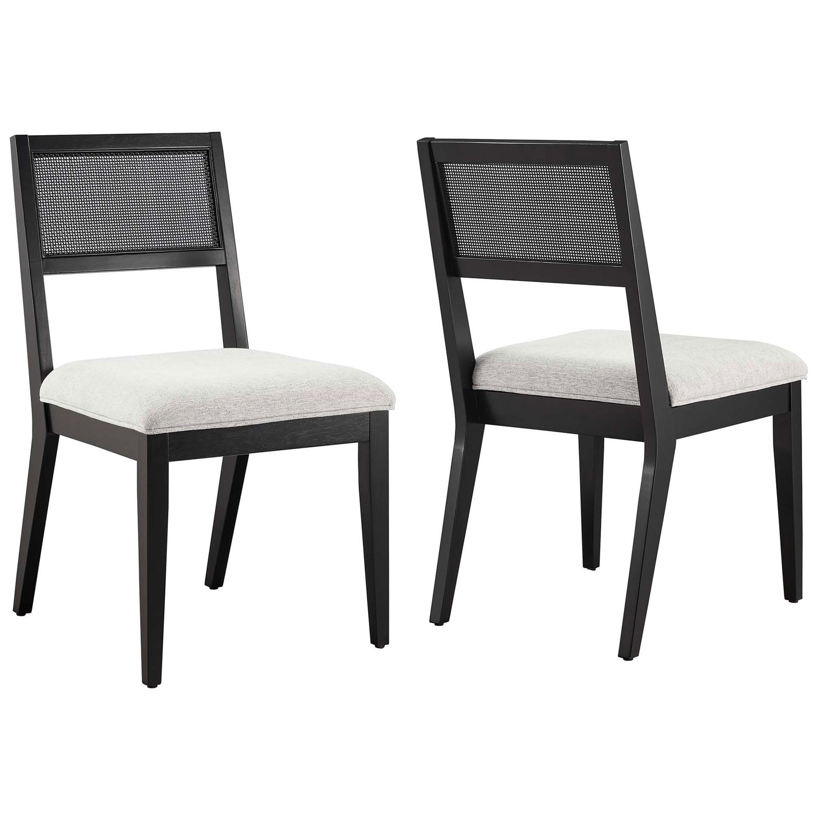 Set of two faux rattan dining chairs with soft gray seats and black wood frames for a polished modern look || EEI-6781-BLK-HLG || front_angle_multi_studio