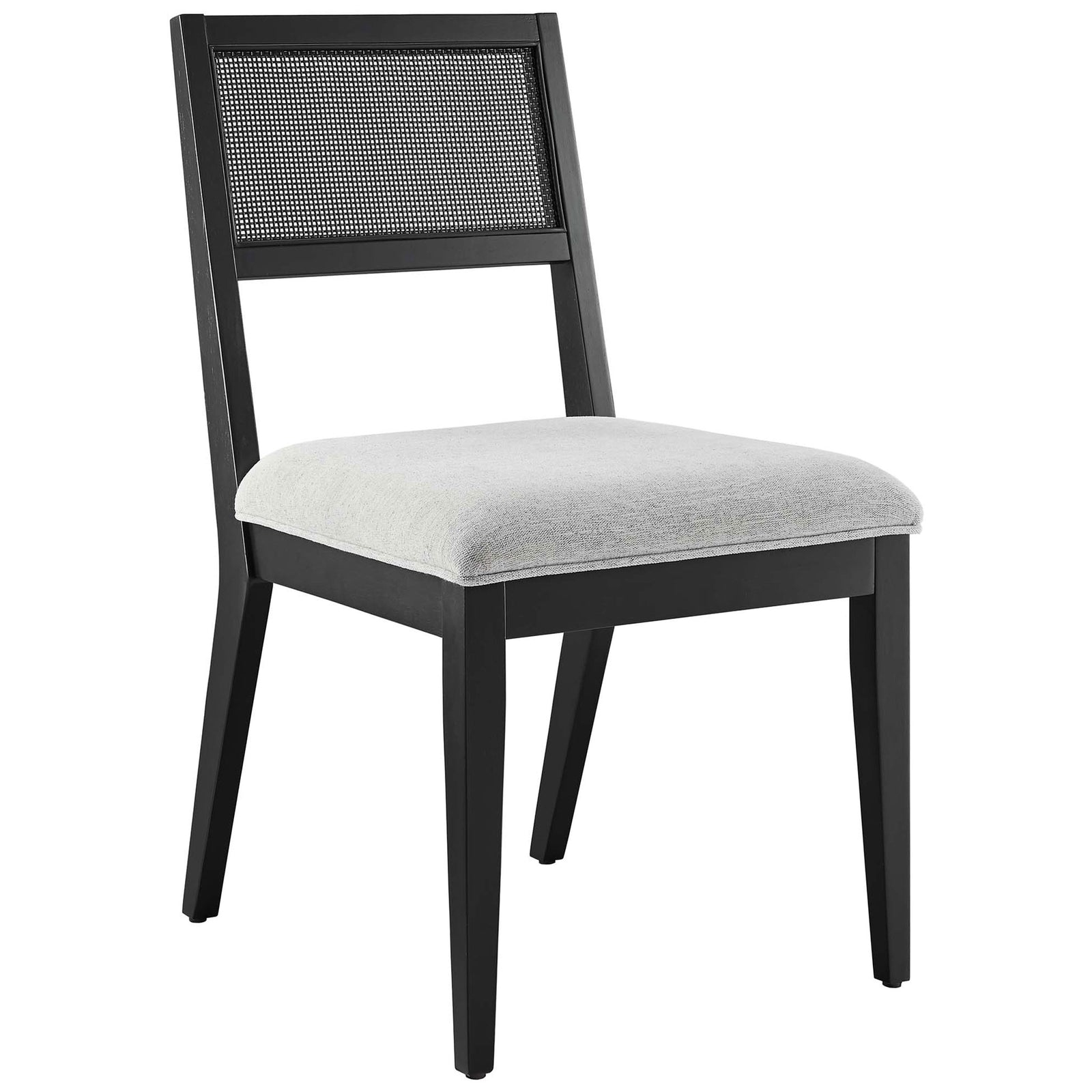 Heathered light gray seat and cane backrest create a cozy, textural dining chair on a bold black wood frame || EEI-6781-BLK-HLG || front_angle_studio
