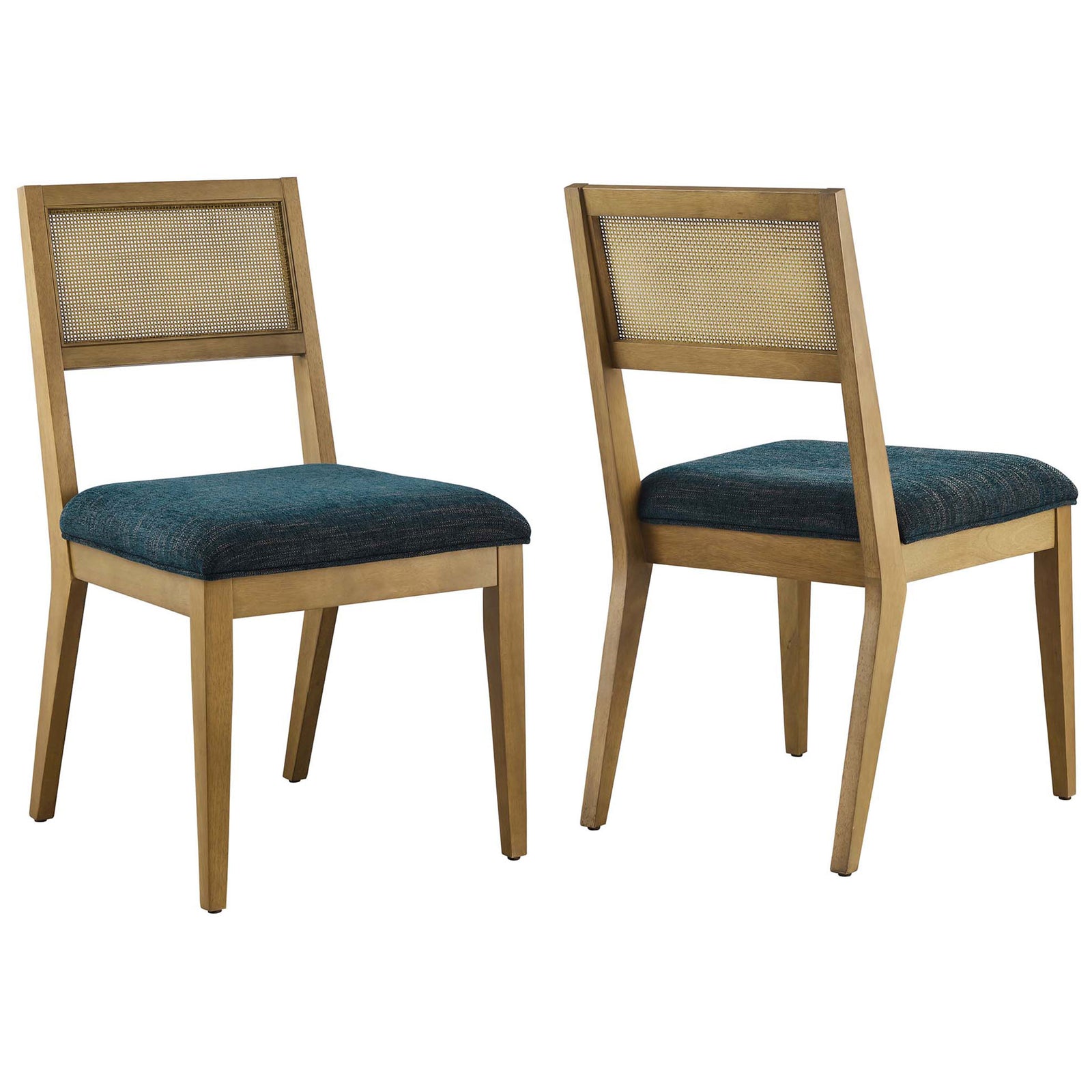 Set of two cane back dining chairs with cushioned azure seats and natural wood frames for inviting everyday dining || EEI-6781-FRO-HEA || front_angle_multi_studio