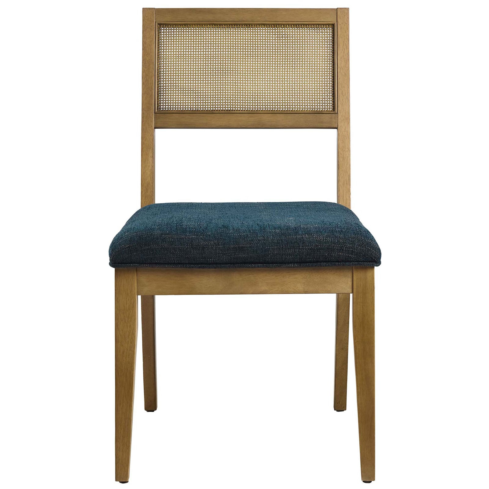 Nimba dining chair with woven cane backrest and plush azure seat for relaxed everyday meals || EEI-6781-FRO-HEA || front_studio
