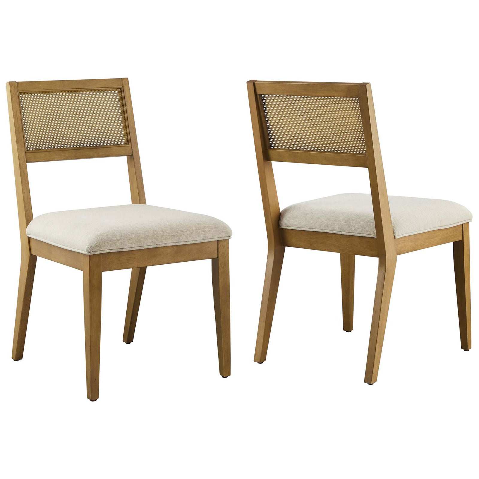 Pair of faux rattan dining chairs with heathered ivory seats and warm wood frames || EEI-6781-FRO-HEI || front_angle_multi_studio