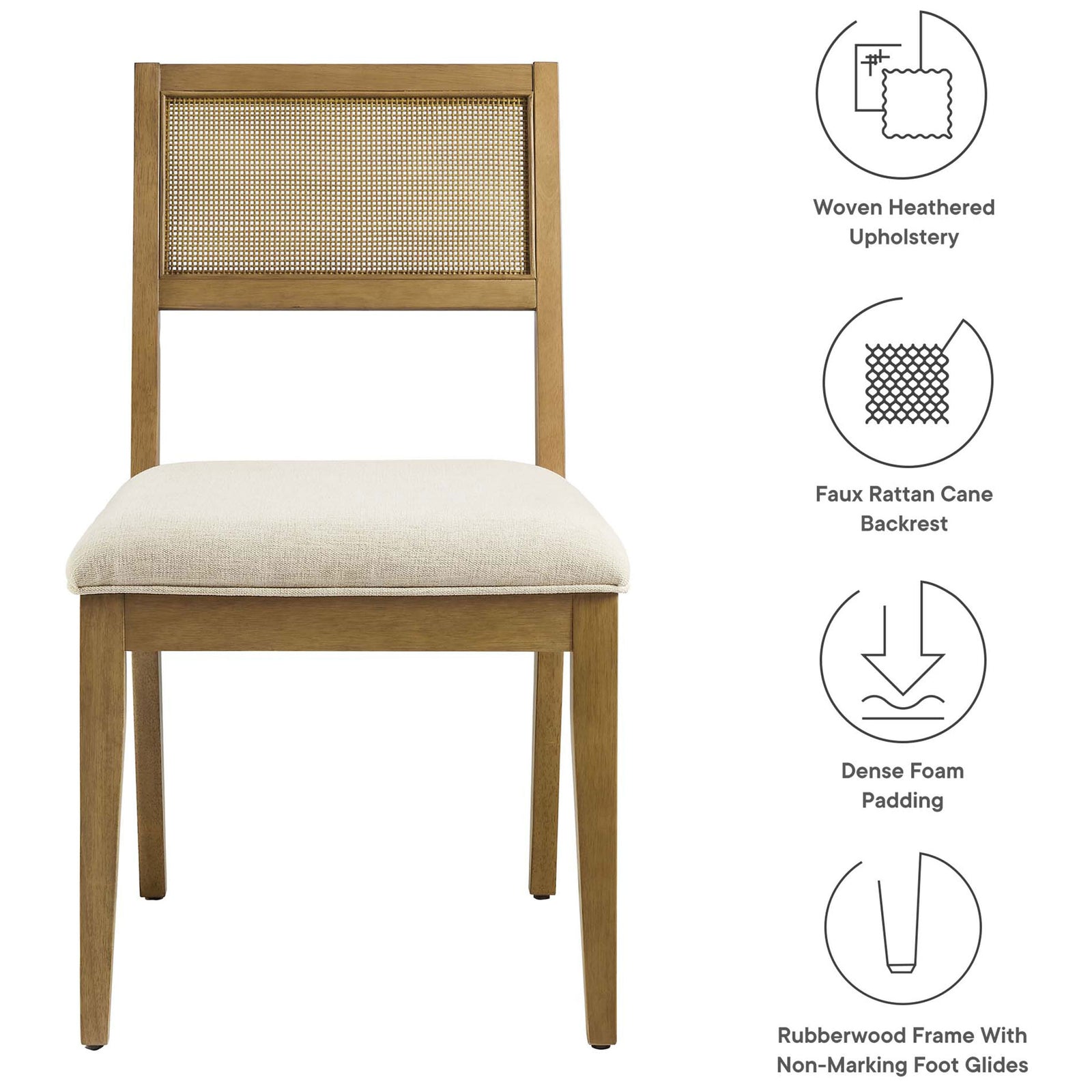 Dining chair with highlighted features including woven upholstery, cane back, foam padding, and wood frame || EEI-6781-FRO-HEI || callout_studio