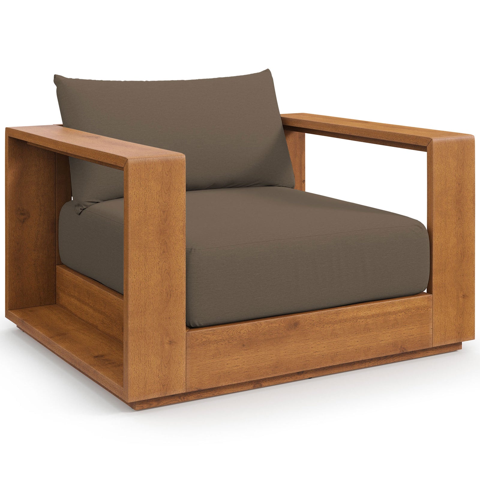 Wide-armed Tahoe patio chair showcasing warm acacia wood frame and plush cocoa seat and back cushions || EEI-6782-NAT-COA || front_angle_studio
