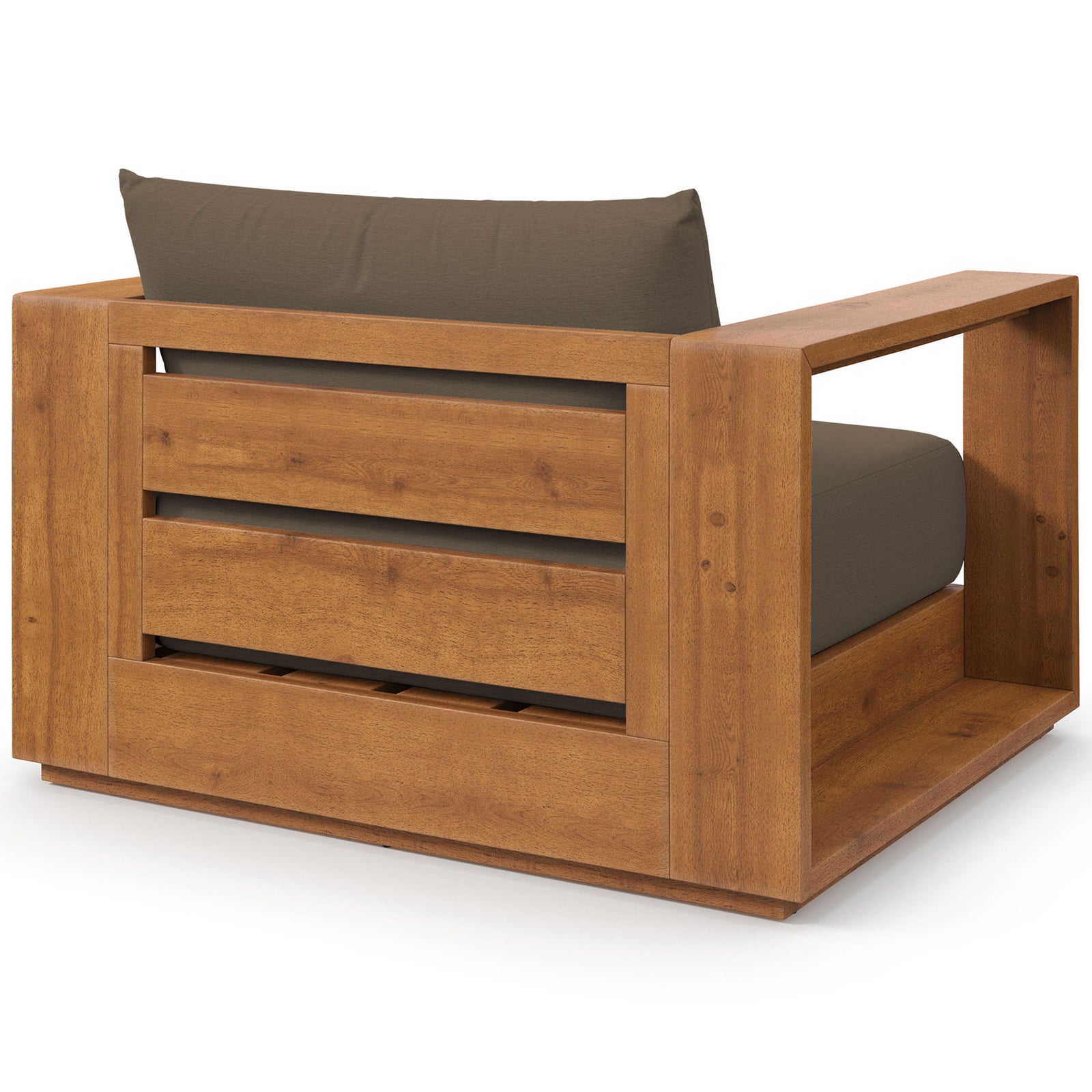 Tahoe patio chair featuring slatted acacia back panel and wraparound arms with cocoa cushions || EEI-6782-NAT-COA || back_angle_studio