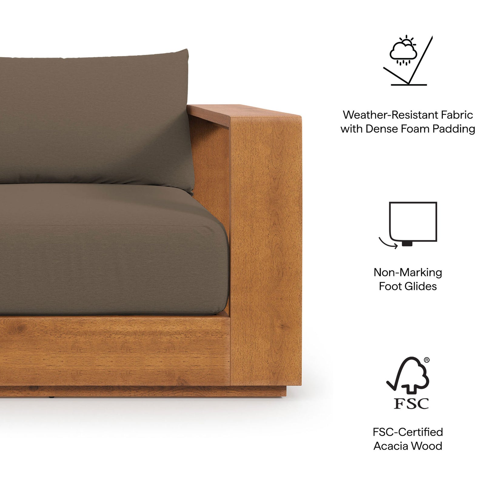 Feature highlights of the Tahoe acacia outdoor chair with weather-resistant foam cushions and non-marking foot glides || EEI-6782-NAT-COA || callout_studio