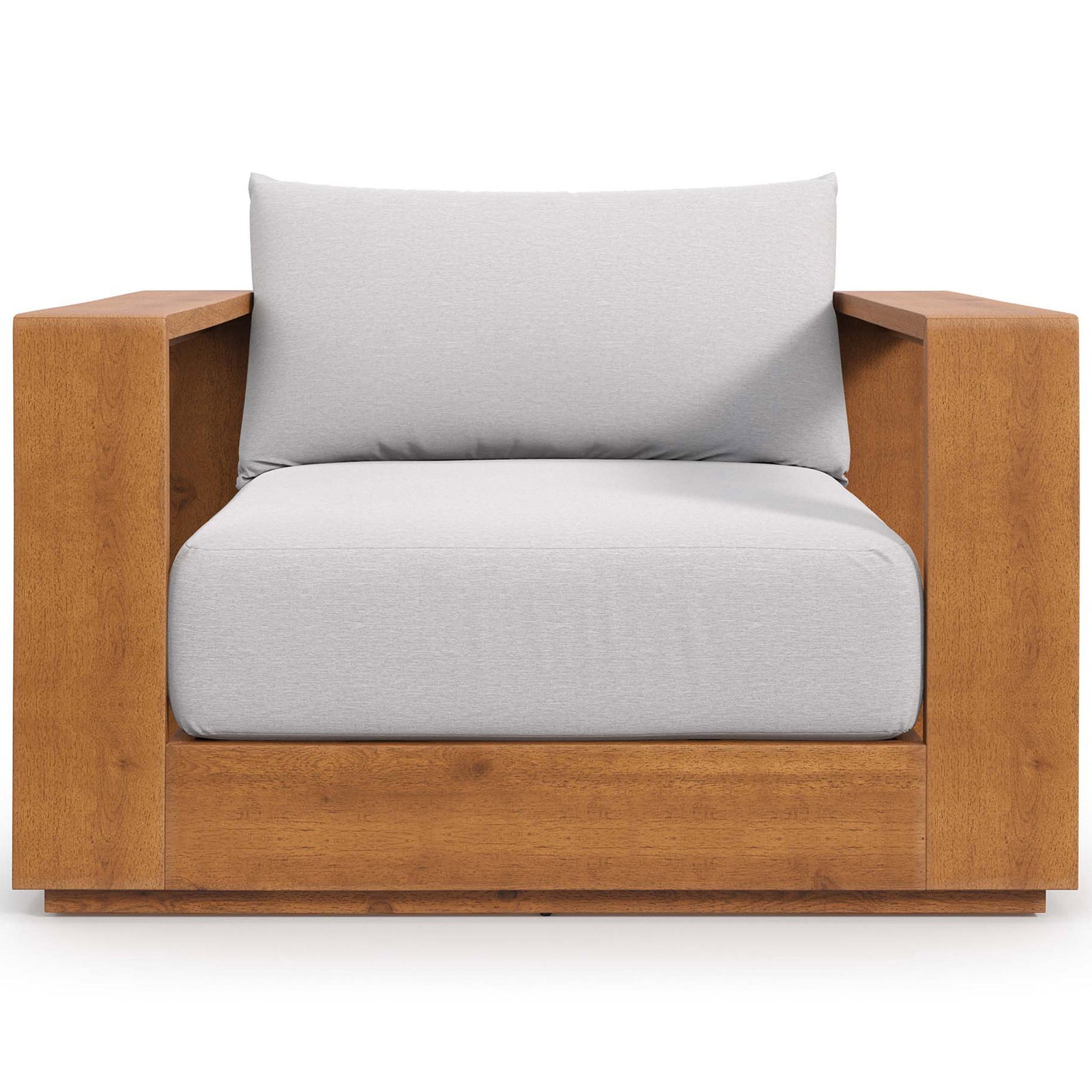 Tahoe acacia outdoor lounge chair with plush light gray cushions and bold low-slung silhouette || EEI-6782-NAT-LGR || front_studio