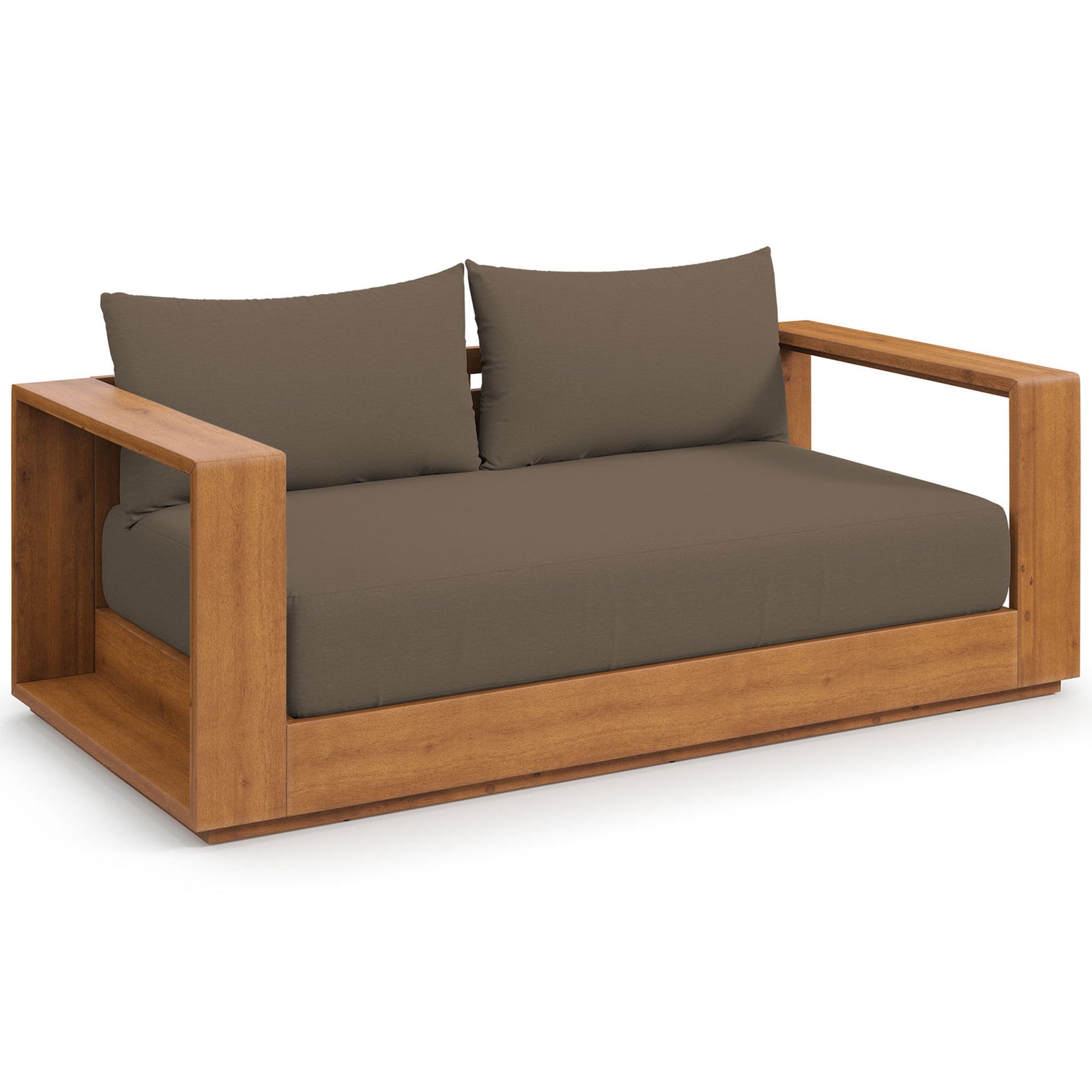 Modern acacia outdoor loveseat with wide open arms, low platform base, and deep cocoa seat cushions || EEI-6783-NAT-COA || front_angle_studio