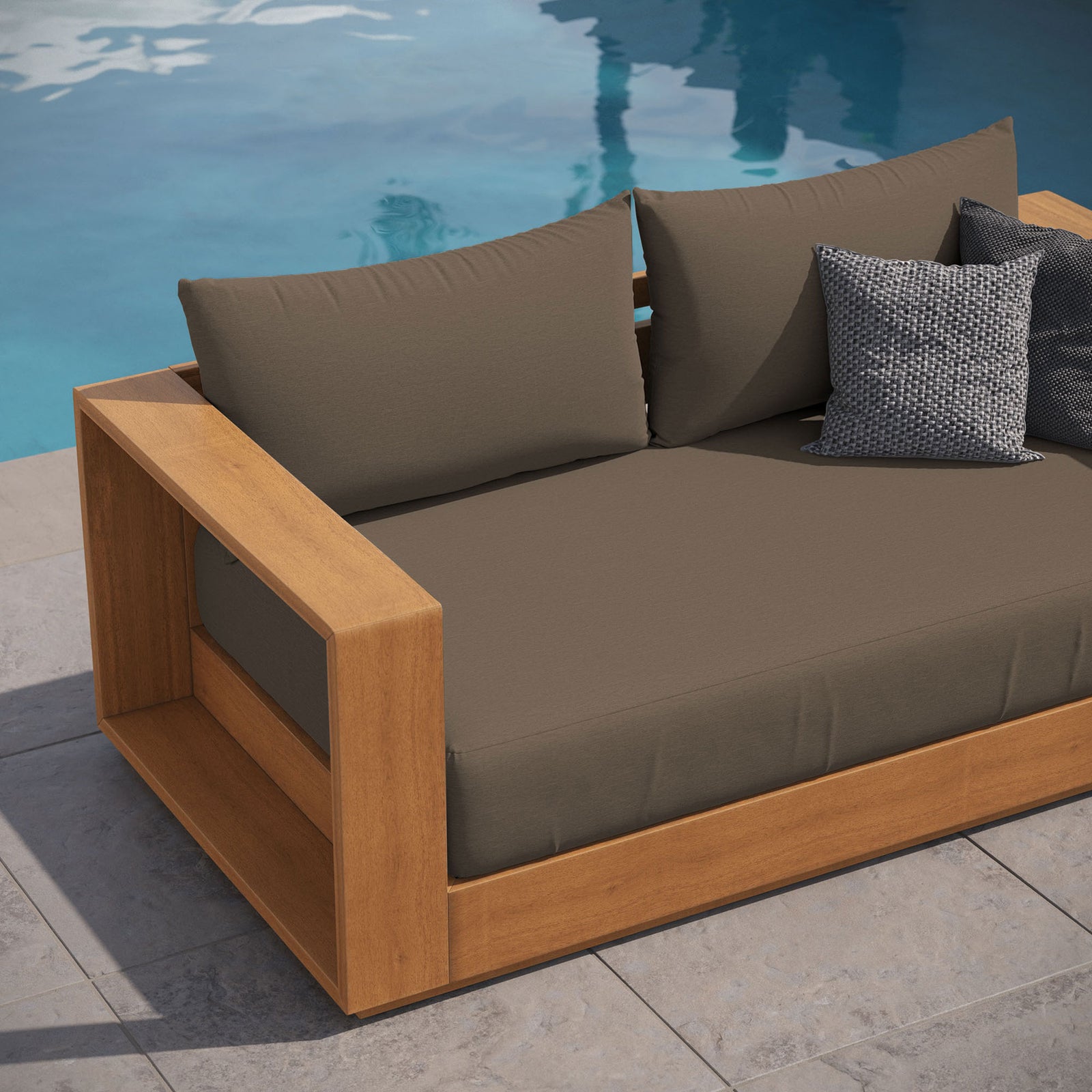 Tahoe acacia loveseat by the pool styled with cocoa cushions for relaxed resort-inspired lounging || EEI-6783-NAT-COA || detail_room