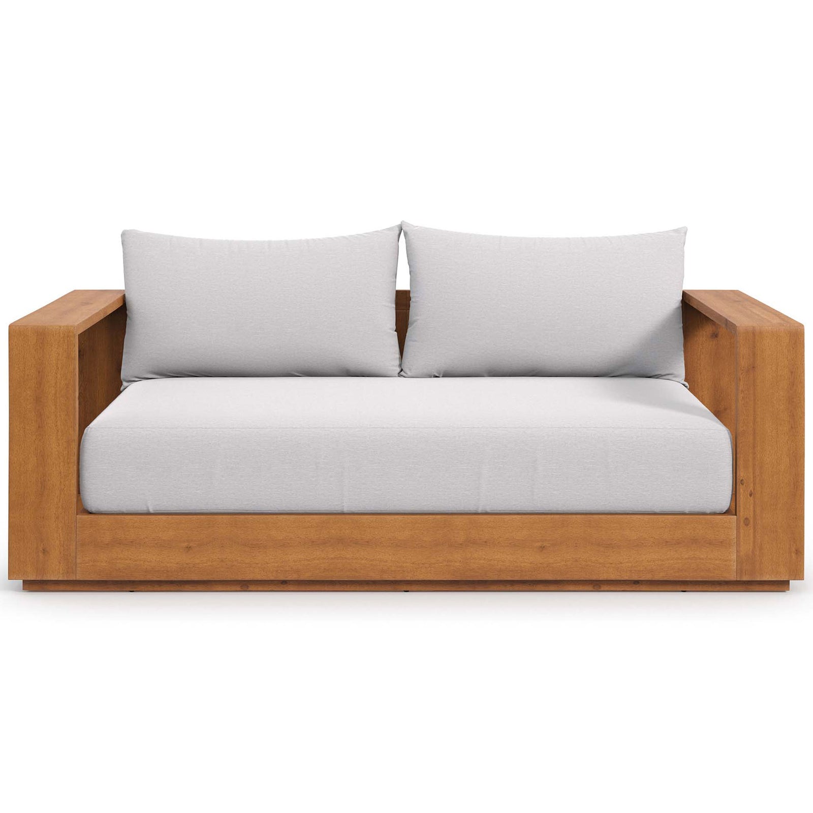 Tahoe acacia wood patio loveseat with boxy frame and plush light gray cushions for two || EEI-6783-NAT-LGR || front_studio