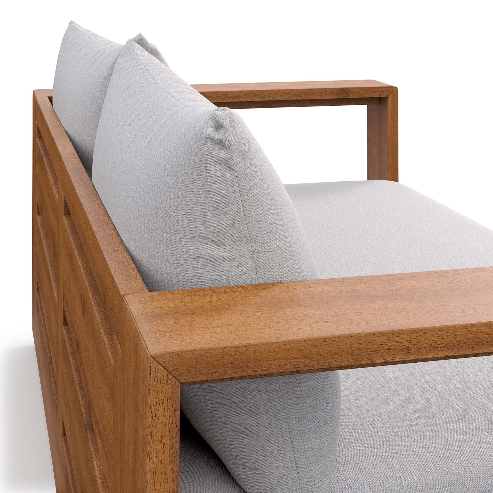 Smooth acacia armrests and tailored light gray cushions add clean-lined comfort to this outdoor loveseat || EEI-6783-NAT-LGR || detail_studio