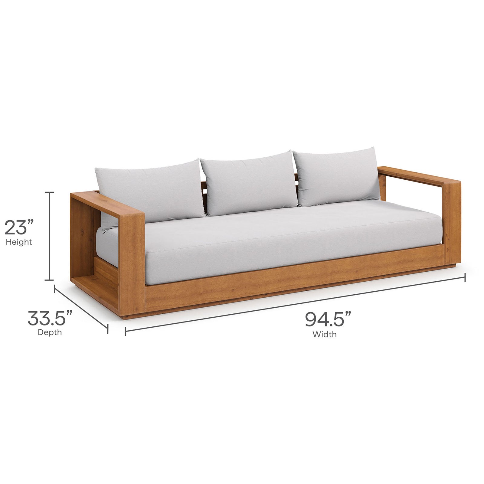 Dimension guide for the Tahoe outdoor sofa with labeled width, depth, and height. || EEI-6784-NAT-LGR || dimension_studio