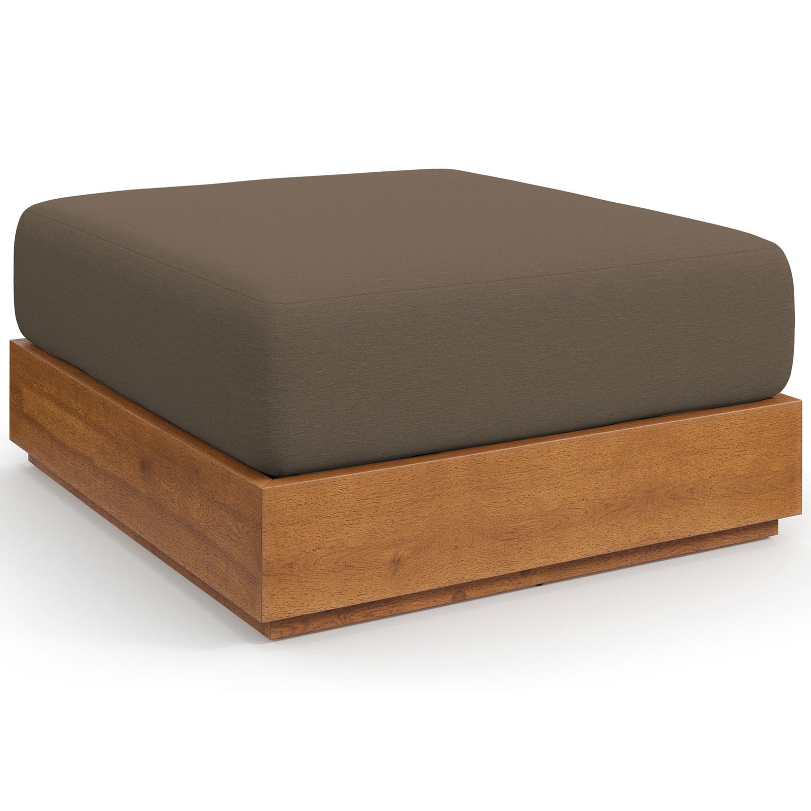 Acacia wood outdoor ottoman showcasing wide plank base and deep cocoa cushioned top || EEI-6785-NAT-COA || front_angle_studio