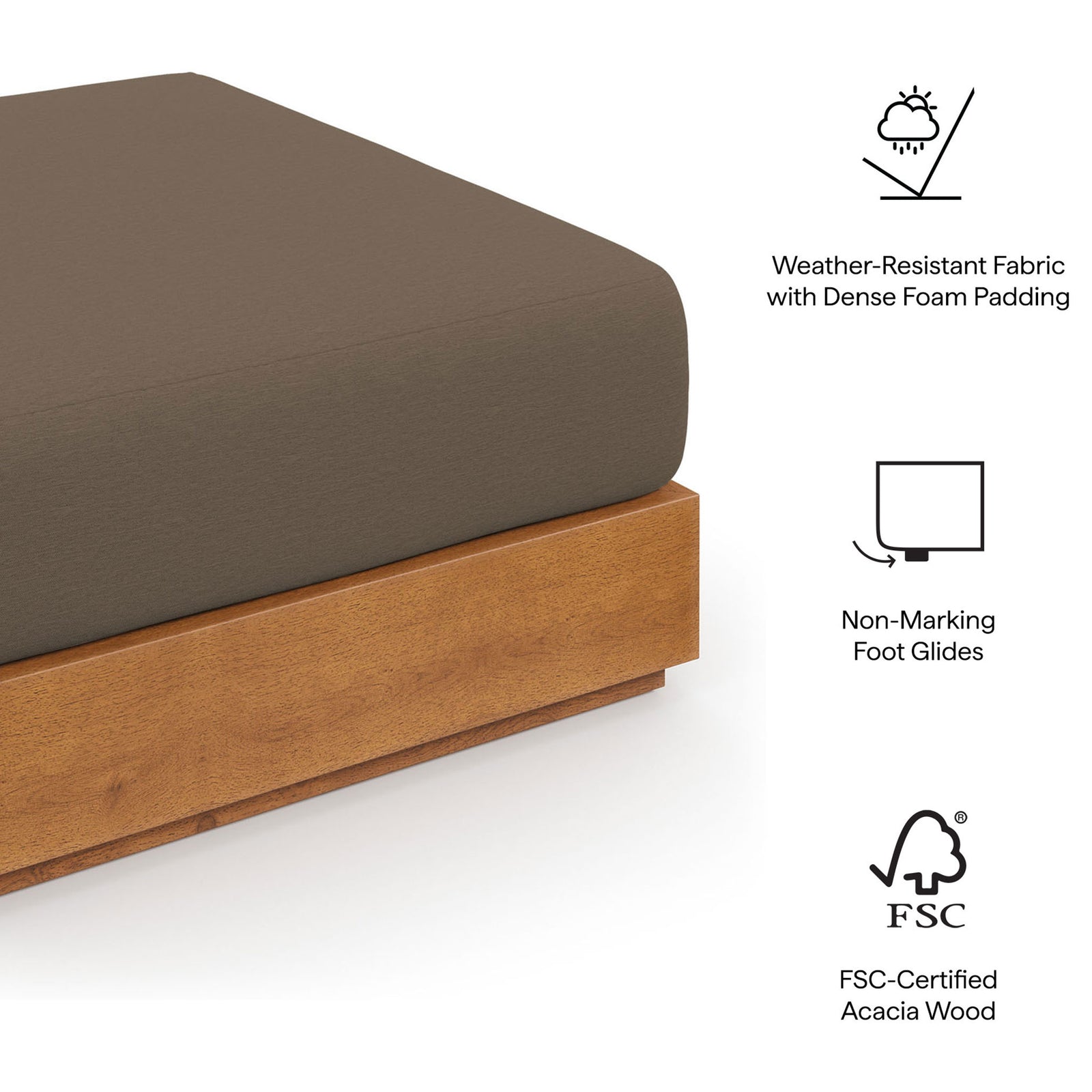 Diagram highlighting weather-resistant cushion, non-marking foot glides, and FSC-certified acacia wood construction || EEI-6785-NAT-COA || callout_studio