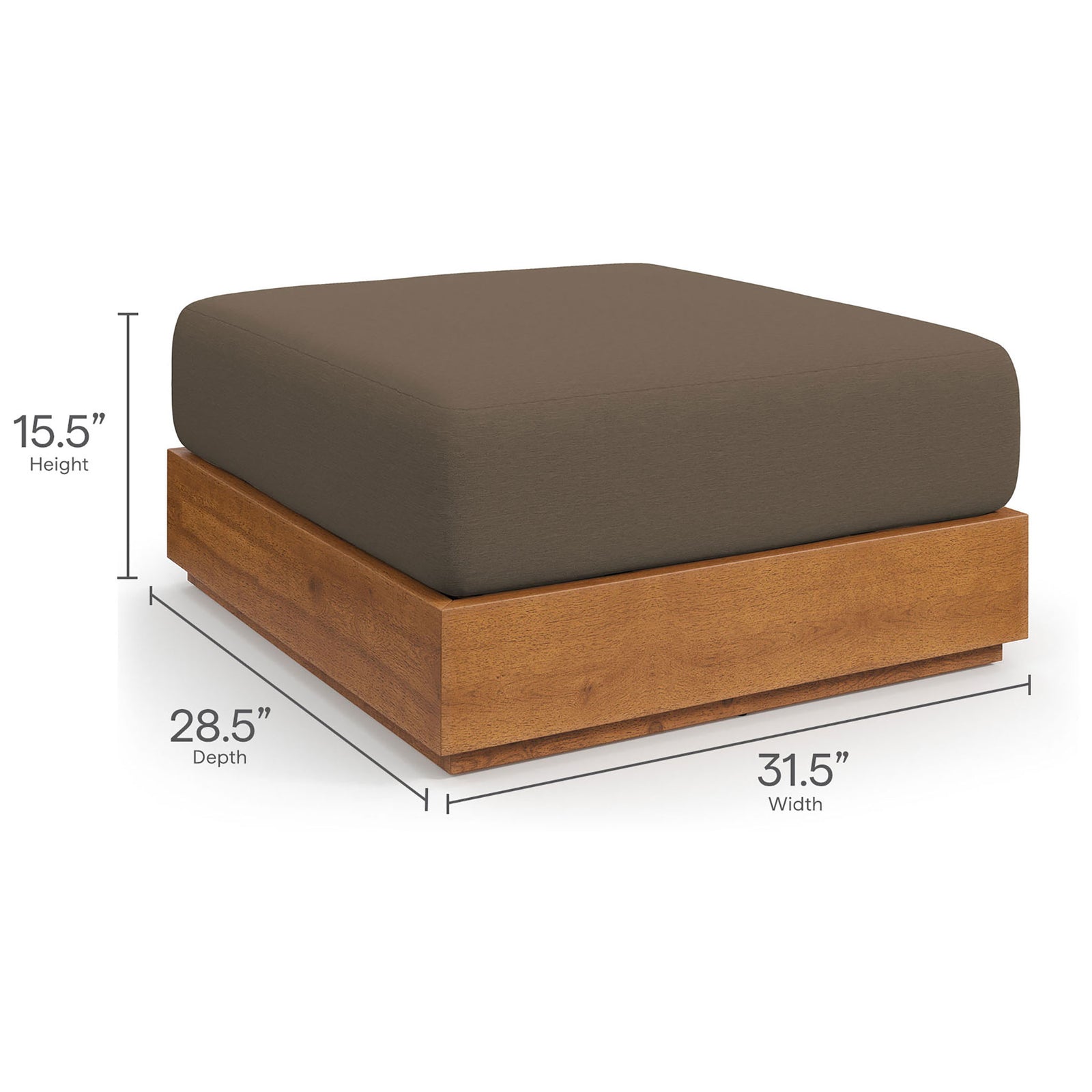 Dimension guide for Tahoe outdoor ottoman showing overall height, width, and depth measurements || EEI-6785-NAT-COA || dimension_studio