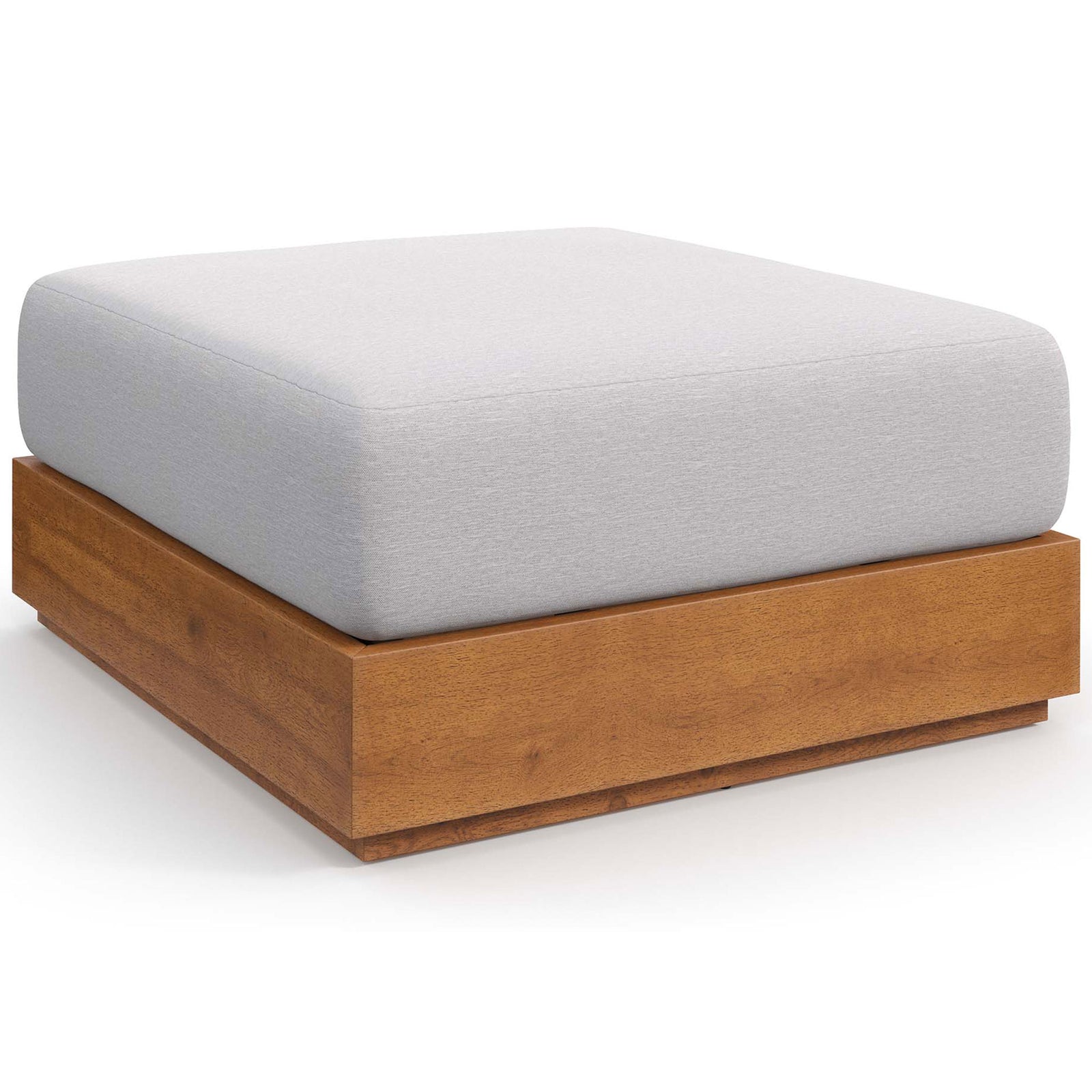 Acacia wood base and softly rounded light gray cushion bring relaxed style to the patio ottoman || EEI-6785-NAT-LGR || front_angle_studio