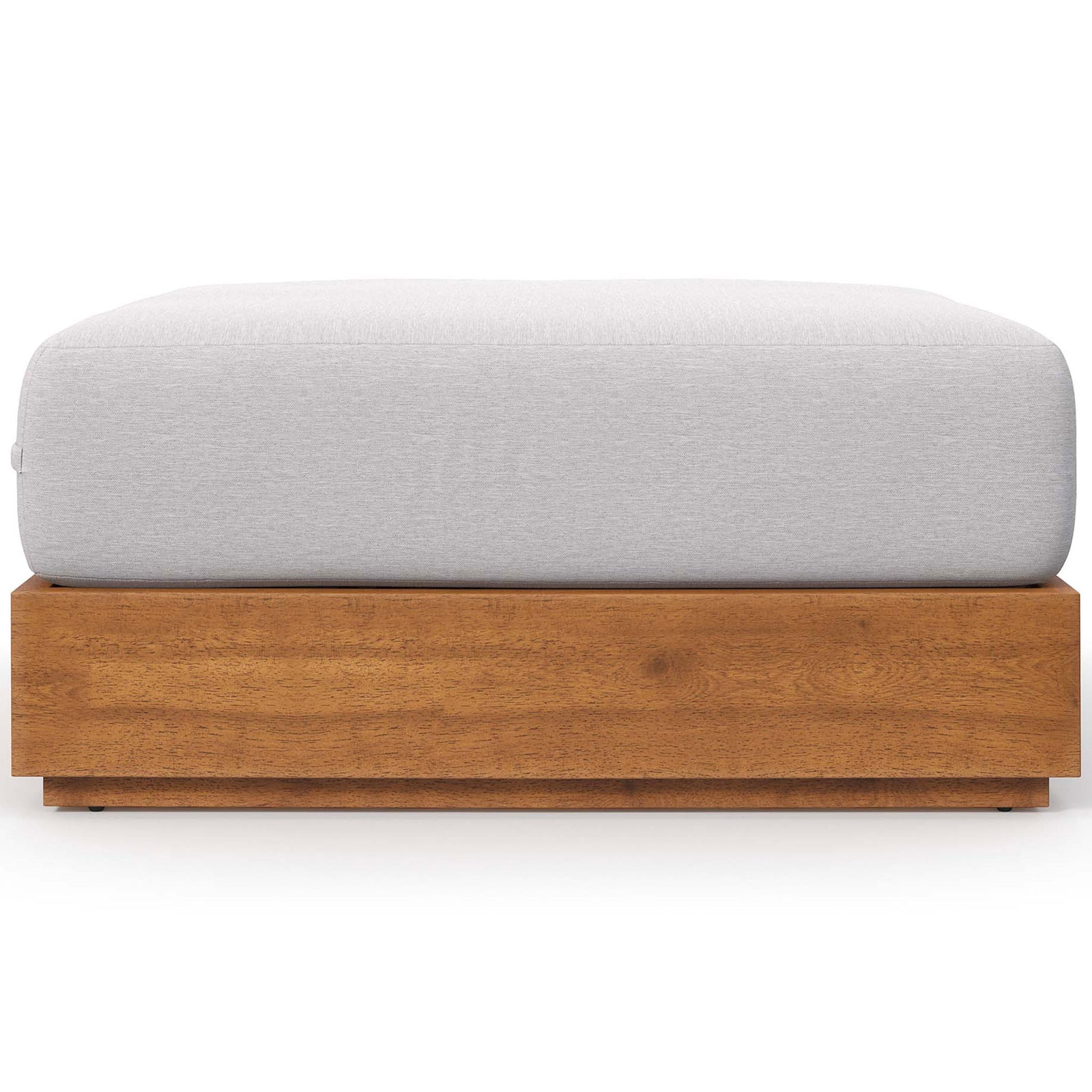 Tahoe acacia wood outdoor ottoman with light gray cushion and modern low-profile design || EEI-6785-NAT-LGR || front_studio