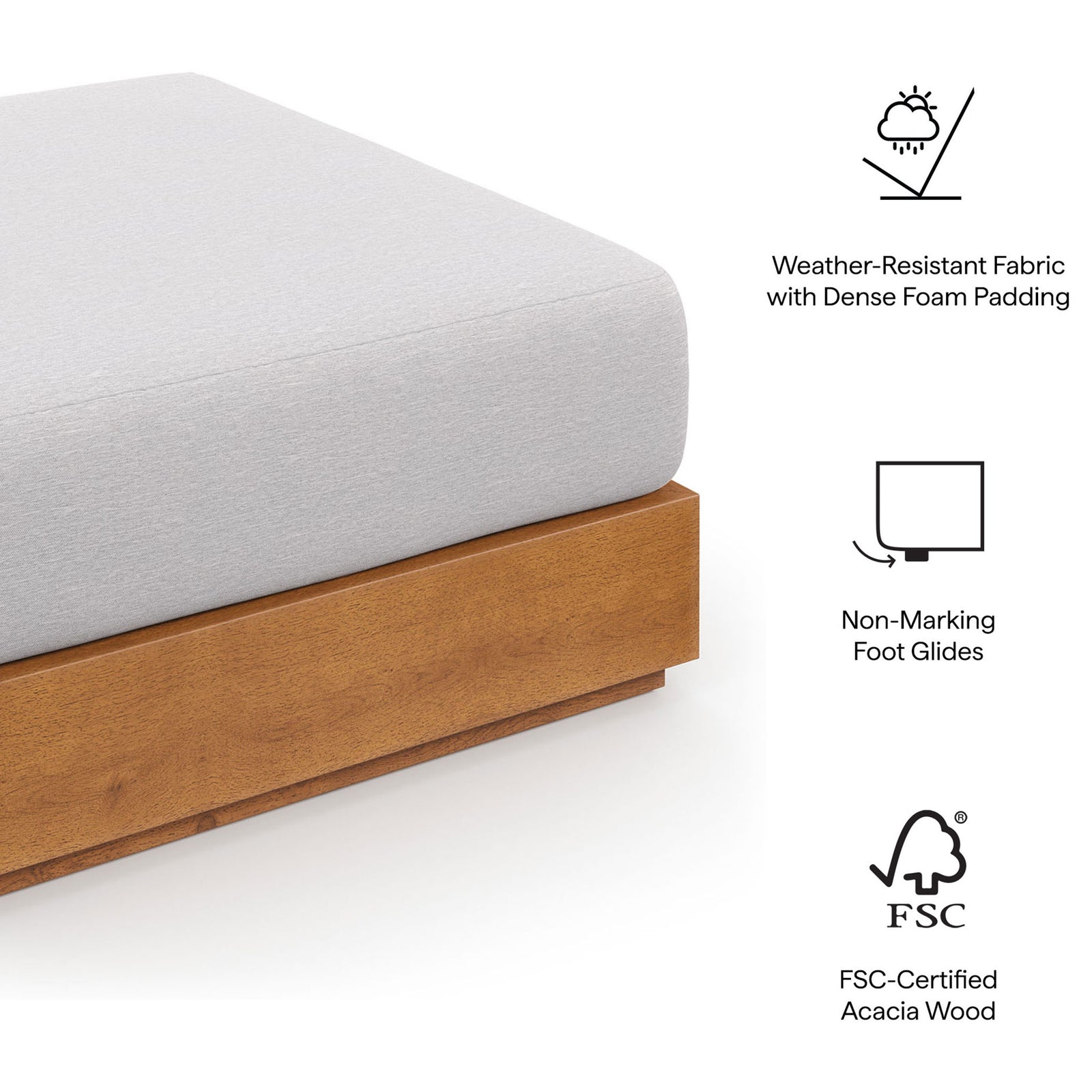 Feature graphic calling out weather-resistant cushion, non-marking glides, and FSC-certified acacia wood || EEI-6785-NAT-LGR || callout_studio
