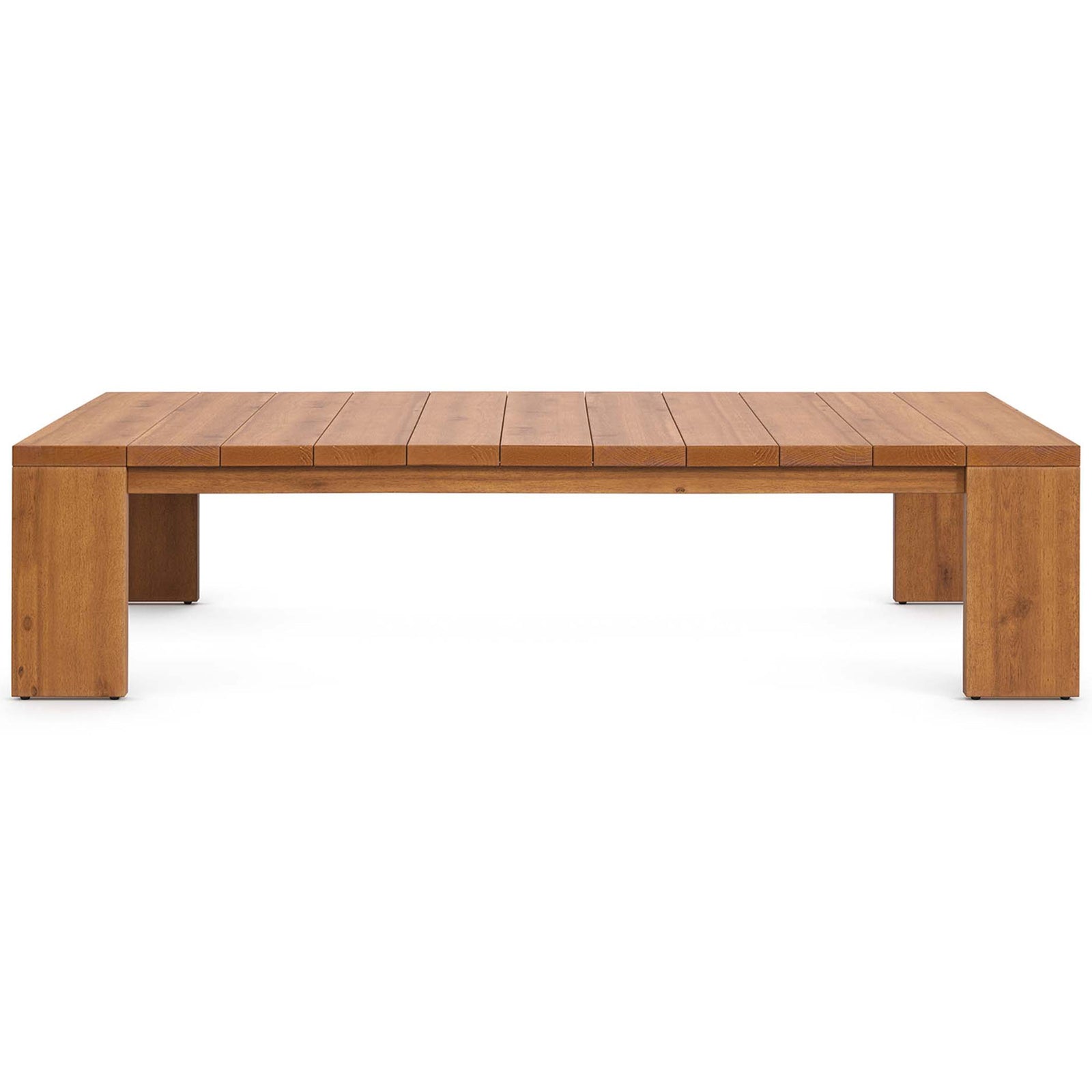 Natural wood outdoor coffee table highlighting the wide slatted tabletop and sturdy frame || EEI-6786-NAT || front_studio