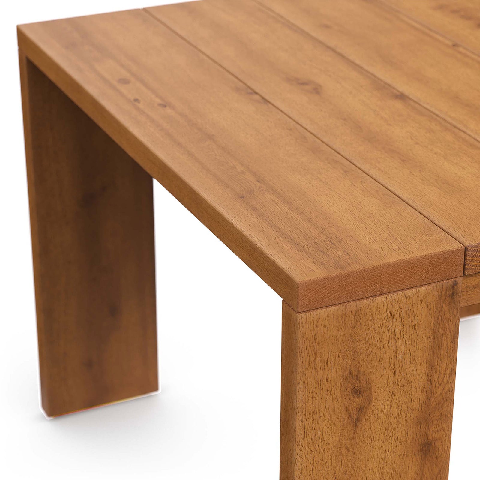 Slatted acacia wood tabletop with softly rounded edges pairs with sturdy block legs for modern style. || EEI-6787-NAT || detail_studio