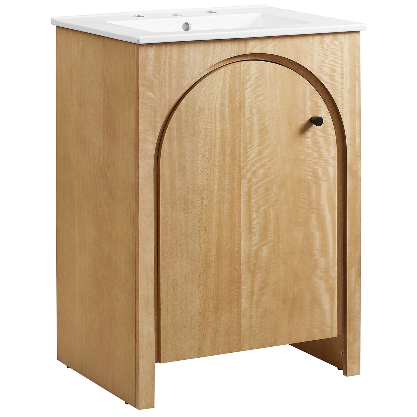 Warm oak vanity with arched door and white ceramic sink, ready to refresh compact baths || EEI-6788-OAK-WHI || front_angle_studio