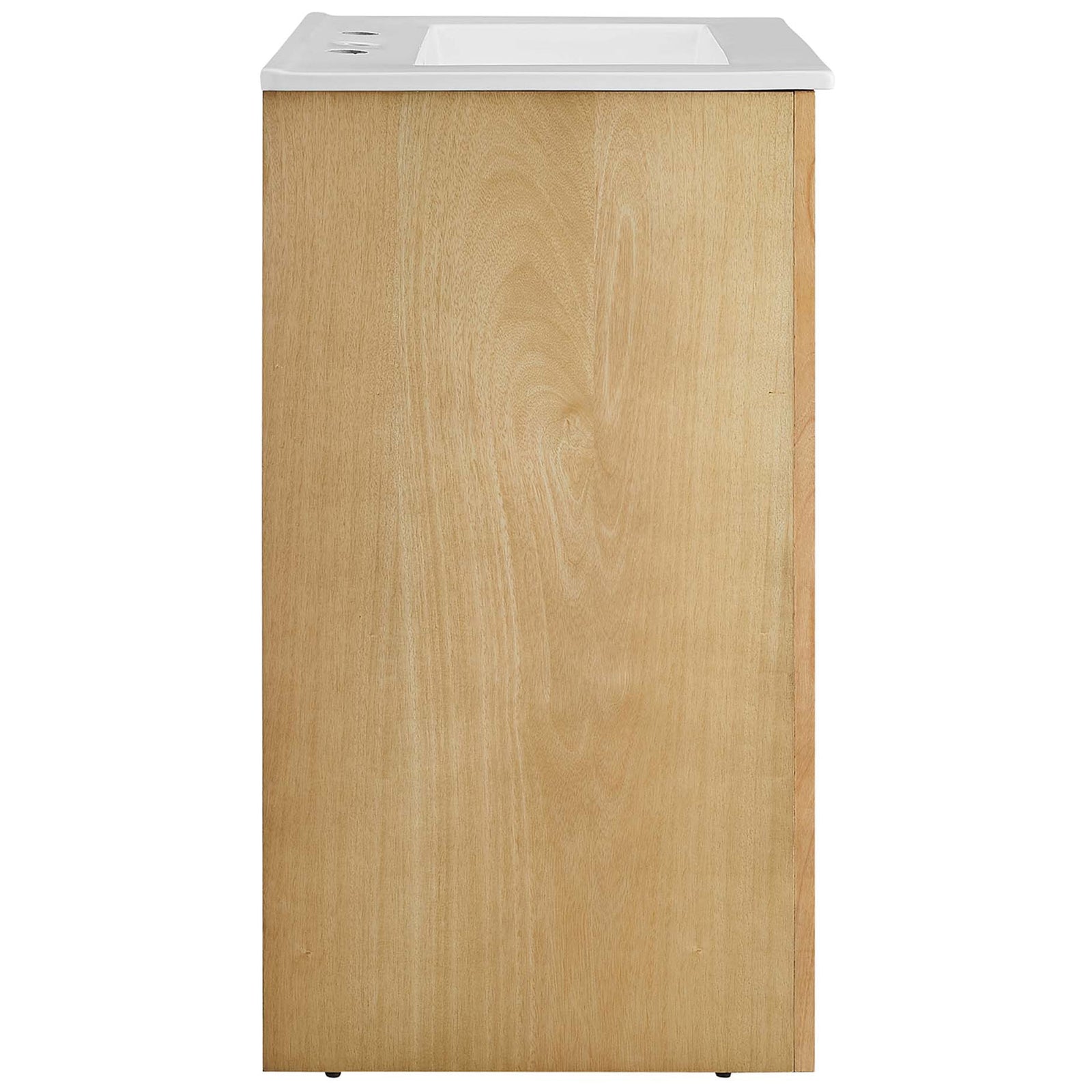 Slim profile showcases mango wood veneer and seamless integrated ceramic sink || EEI-6788-OAK-WHI || side_studio